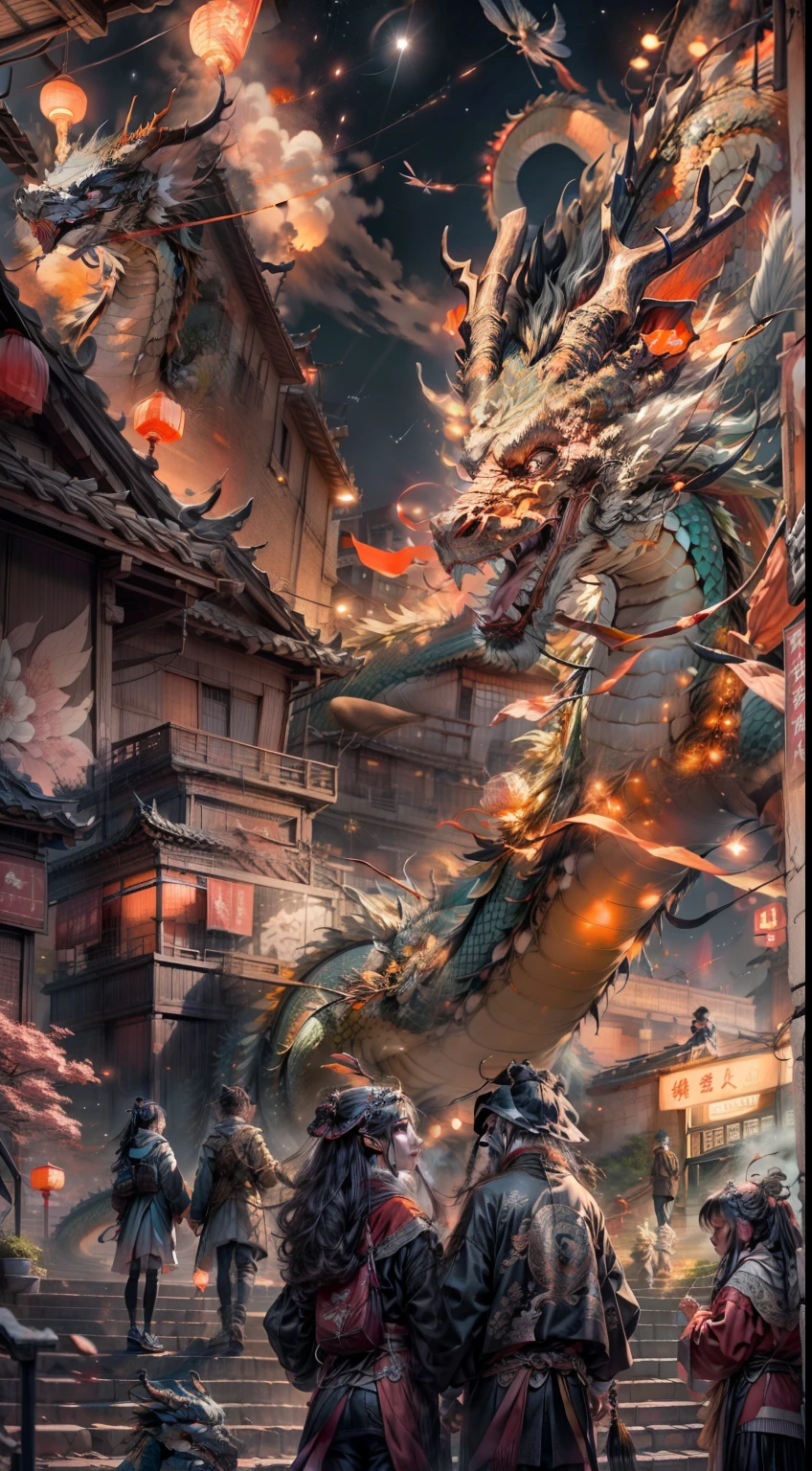 Trilateral view, A high resolution, hyper HD, Anatomically correct, acurate, super detailing, Best quality at best, 8K,(imagining),In the prosperous city of Tang'an, A stunning beauty stood there, A Chinese dragon flies in the sky, Gorgeous fireworks, and bustling night views