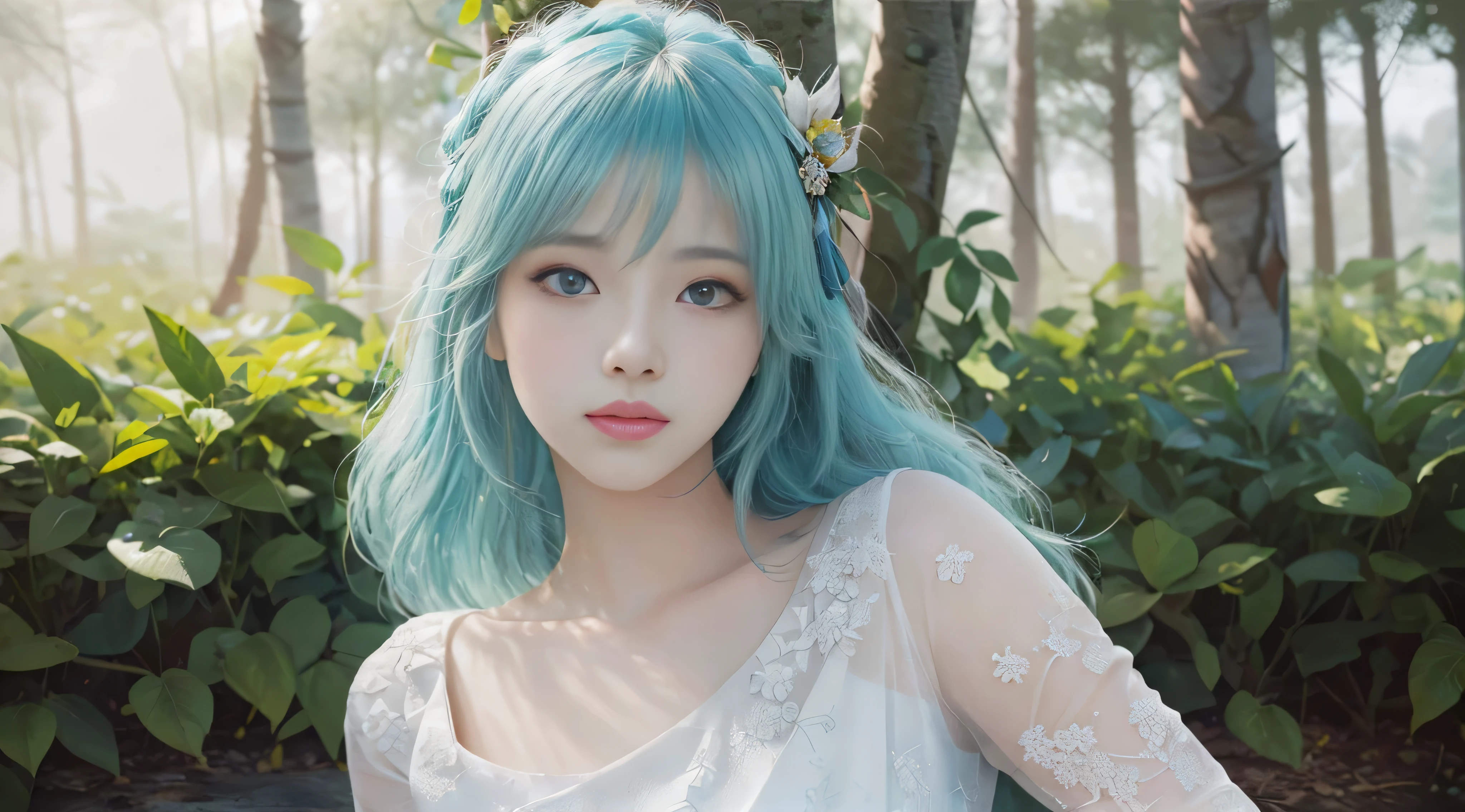 (VI-000020:1.2), (ultra photoRealistic:1.3), (masutepiece:1.4), Best Quality, ((Realistic)), High quality, ultra-detailliert, ((Realistic anime face)), ((Realistic skin)), ((Realistic body)), ((Sexy Pose)) (Best Quality:1.1), (Illustration:1.05), (1girl in:1.05), (Cute:1.05), (Beautiful detailed eyes:1.05), (Cinematic Light:1.1), Light Blue Highlights, full body Esbian,Maroon hair, 1girl in, Cute tyrant portrait, aqua hair, Bright eyes, White Dress, temple, Watch Warcraft scenery in the viewer's forest
