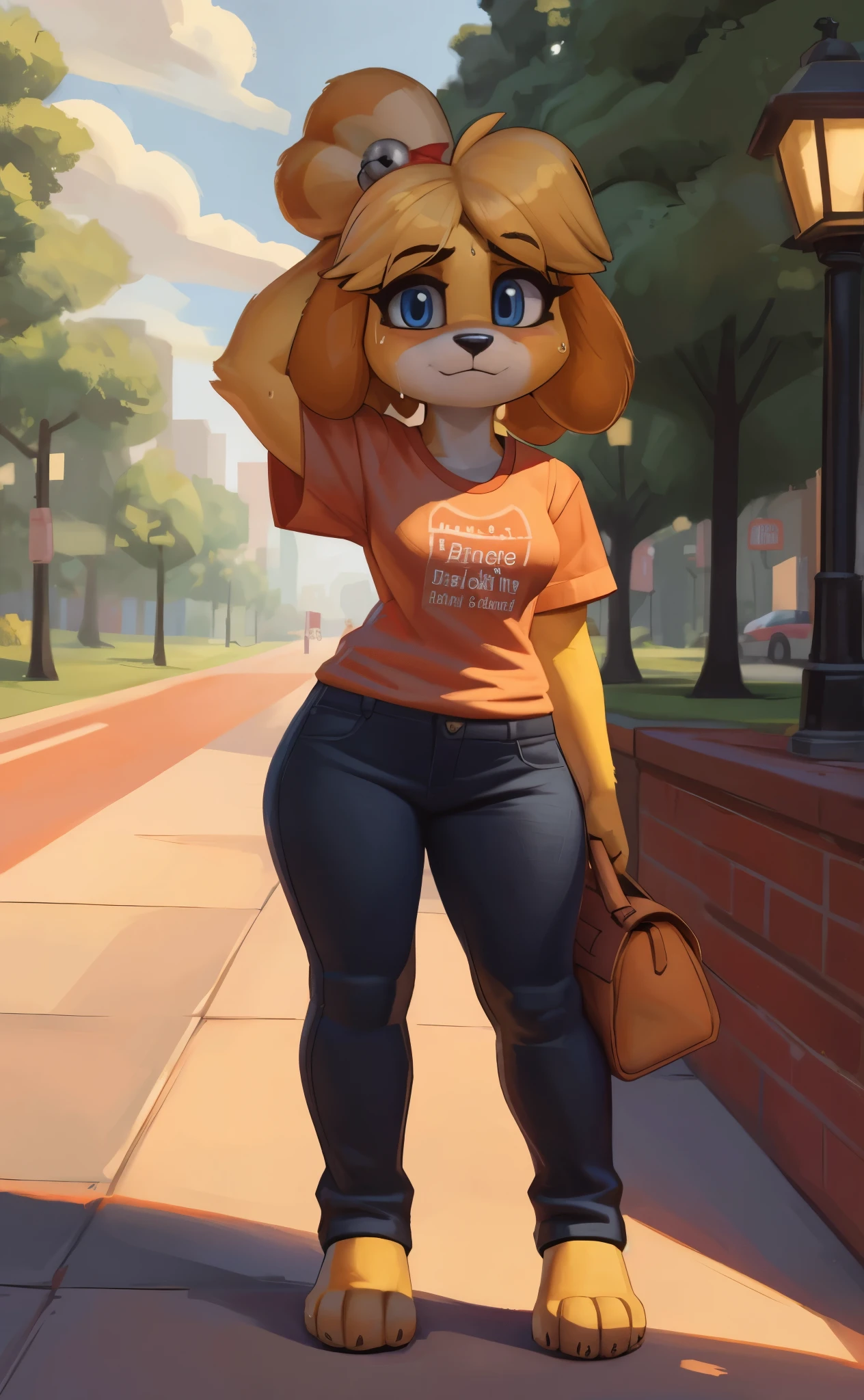 [isaCrossing], [Isabelle], [Animal Crossing], [Uploaded to e621.net; (Pixelsketcher), (wamudraws)], ((masterpiece)), ((HD)), ((highres)), ((solo portrait)), ((front view)), ((feet visible)), ((furry; anthro)), ((detailed fur)), ((detailed shading)), ((beautiful render art)), {anthro; (slim figure), yellow fur, black nose, (cute blue eyes), blonde hair, (bells in hair), topknot, fluffy tail, (curvy hips), (sweat on forehead), (beautiful legs), (beautiful feet), (cute nervous smirk)}, {(red ribbon in hair), (orange tee shirt), (tight jeans)}, {(standing), (nervous stance), (scratching head), (pigeon-toed), (looking at viewer)}, [background; (park), (sidewalk), (trees), (blue sky), (sun rays), (ambient lighting)]