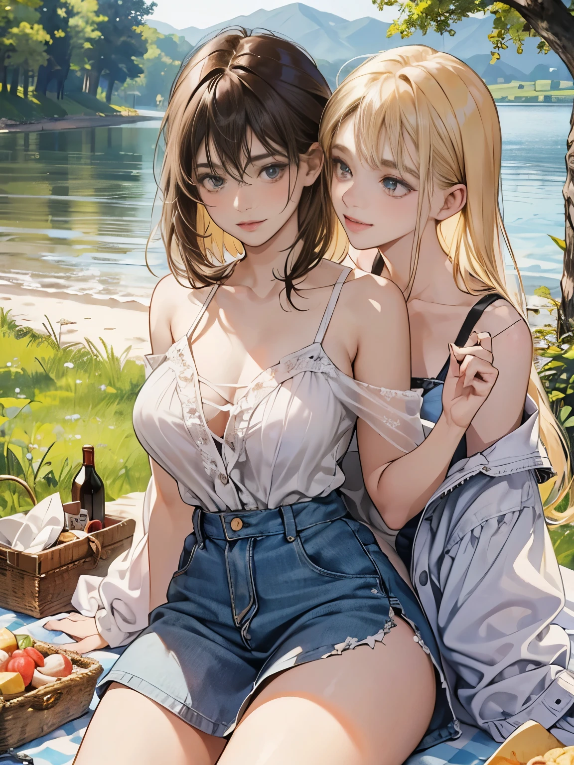 Two woman, 20yo, European, Extremely detailed, picnic at a riverbank in summer, zoomed out, il fait chaud, in summer, summer clothes, detailed clothing, brune ou blonde, regard sensuels, undressing, detailled face, detailled skin