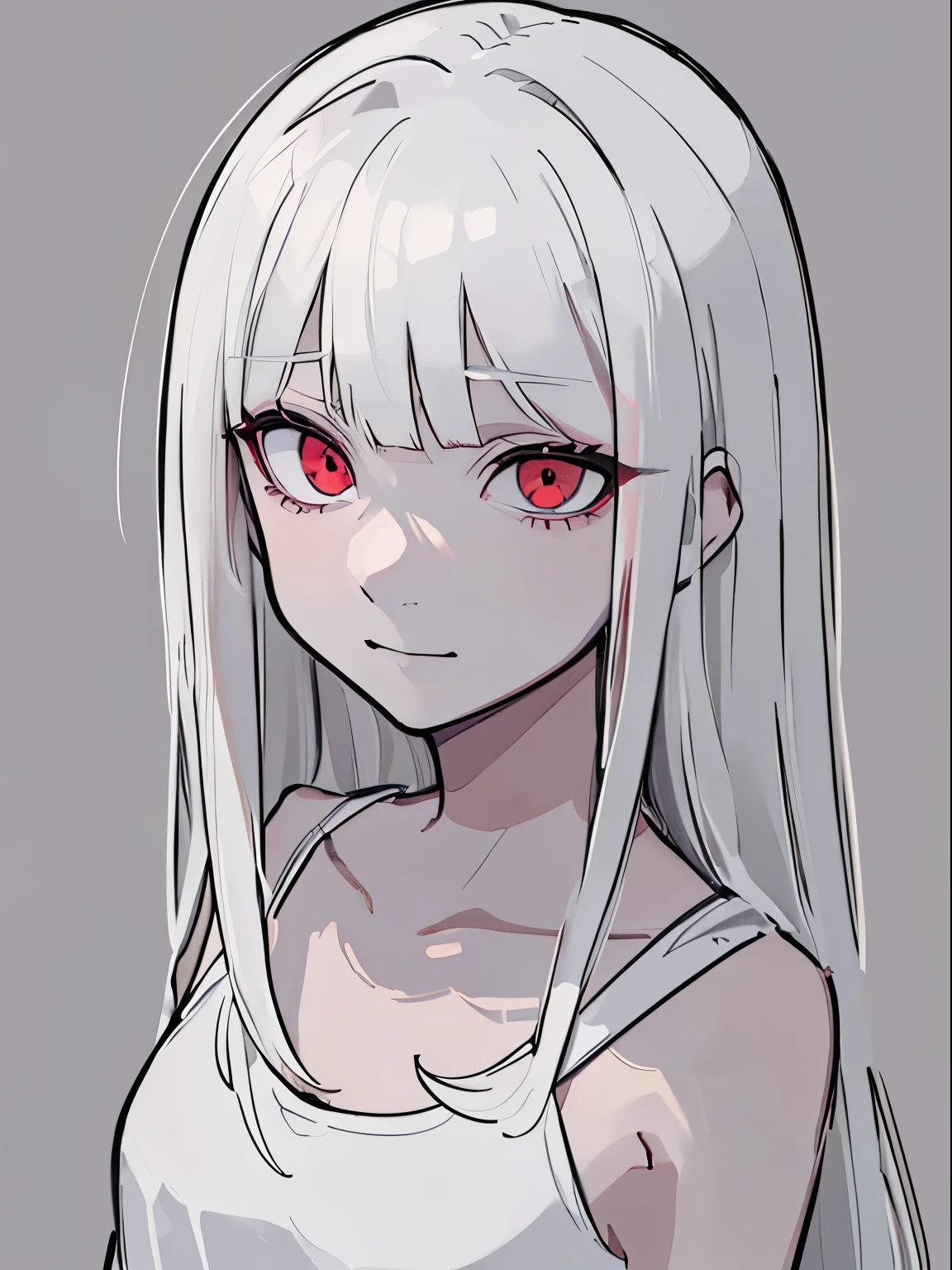style of painting,(empty background),((Flat chest)),(Front Portrait), (Black and whature Women,((Microthorax)),(High cold),Hey, hey, smile,monochrome, blank stare, dead fish eyes, cool beauty,half lidded eyes, indifferent expression, black and white portrait, bored, impassive, loner,(Alone),Wispy bangs,Textured straight,Above the waist,((White Hair)),(Red Pupil),((White Dress)),Shirt,Wispy bangs