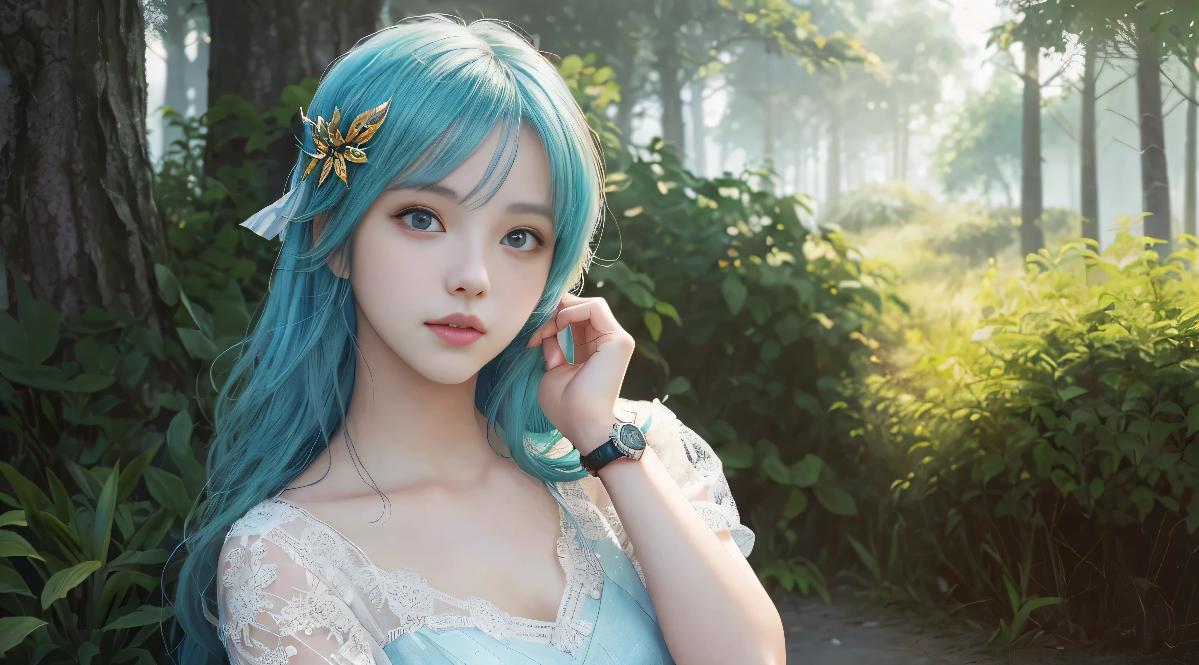 (VI-000020:1.2), (ultra photoRealistic:1.3), (masutepiece:1.4), Best Quality, ((Realistic)), High quality, ultra-detailliert, ((Realistic anime face)), ((Realistic skin)), ((Realistic body)), ((Sexy Pose)) (Best Quality:1.1), (Illustration:1.05), (1girl in:1.05), (Cute:1.05), (Beautiful detailed eyes:1.05), (Cinematic Light:1.1), Light Blue Highlights, full body Esbian,Maroon hair, 1girl in, Cute tyrant portrait, aqua hair, Bright eyes,  White Dress, temple, Watch Warcraft scenery in the viewer's forest