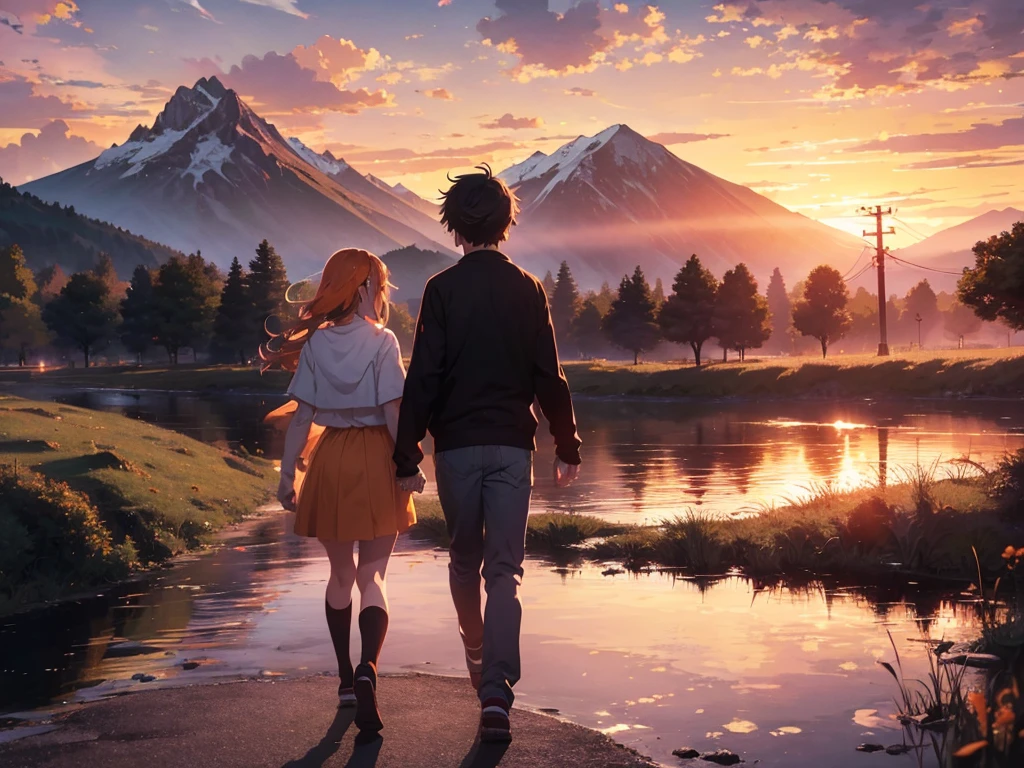 4k image of anime girl and boy holding hands and walking into the distance. Background - orange Skies, beautiful mountain, clouds