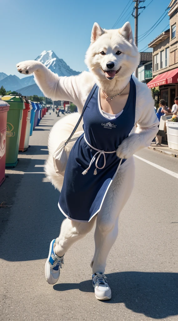 (a fashionable samoyed dog,samoyed dog dressed in fashionable clothes,dog dressed in fashion-forward attire,a stylishly dressed samoyed dog)(standing on the street,standing on its hind legs,samoyed dog standing upright on the street),(holding a huge trash bag,gripping a massive garbage bag,clutching a gigantic garbage bag),(in front of a massive trash bin,near a giant dumpster,with a backdrop of a huge garbage bin),(surrounded by a mountain of garbage,with a towering garbage pile in the background),(determined and confident expression,strong and confident expression,in its eyes,a look of determination and confidence),(smiling with its mouth upturned,corners of its mouth curled up,with a smile on its face),(full of self-assurance and determination,possessing self-assurance and determination,exuding self-assurance and determination),(performing fluid and powerful movements,resilient and powerful movements,dog moving gracefully and with strength),(each bend,pick-up,and toss into the bag resembling a dance,every time it bends,picks up,and throws into the garbage bag,it moves like in a dance)。

(best quality,ultra-detailed,realistic:1.37),(HDR,sharp focus,professional),(concept art,photography,portrait),(vivid colors,bokeh,colorful tones),(illuminated by gentle lighting,soft lighting casting a glow on the scene)。