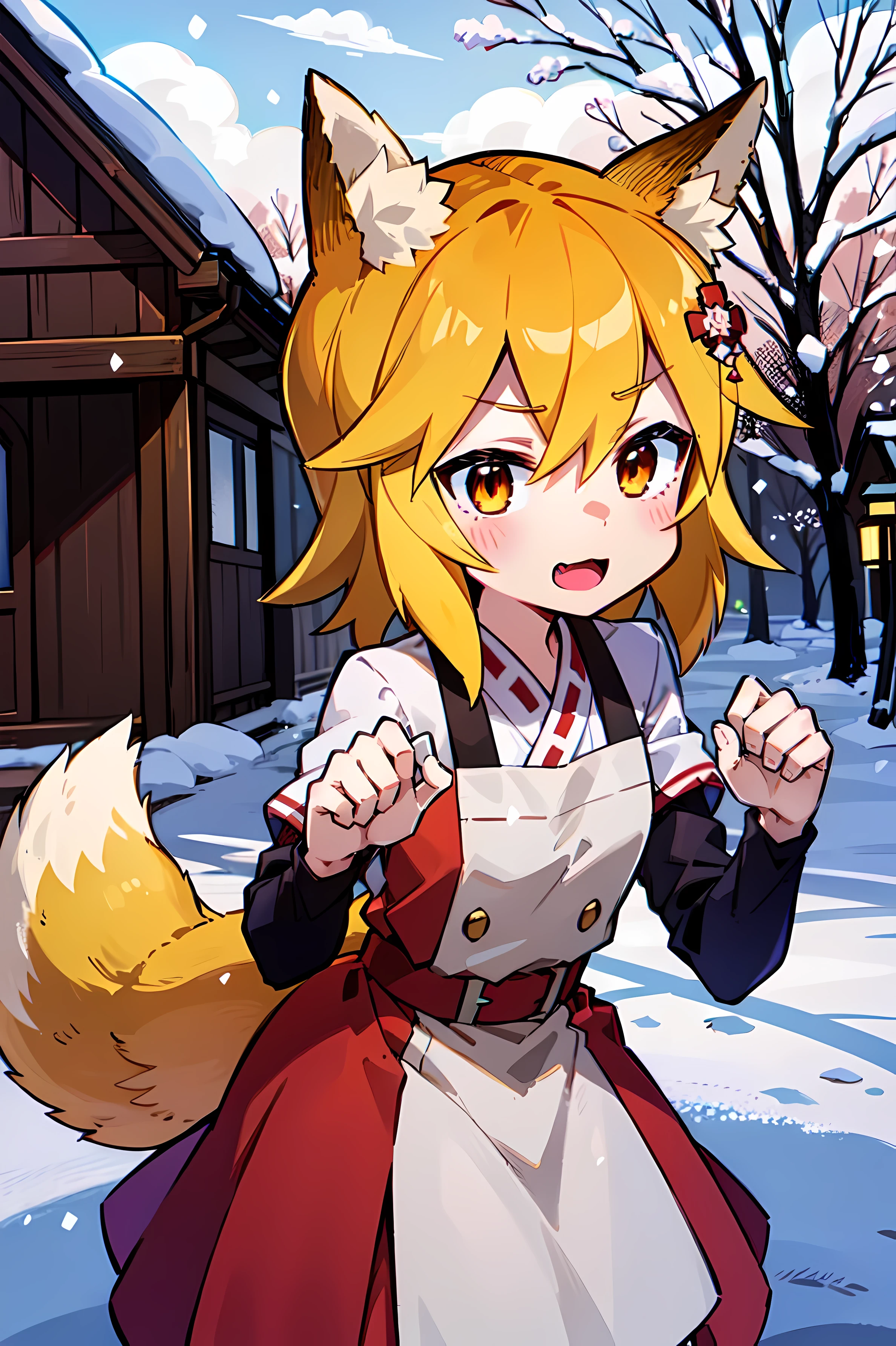 A  girl, Fox ears, 4K Image, flowers of different colors, field, Beautiful trees, Maximum details, village, at home, Beautiful cloud, Very nice girl, fists, Preparing for battle, Aggressive face, Vampire's Tooth, White Trees, snowing, overcast weather, snowingурочка, Наряд snowingурочки