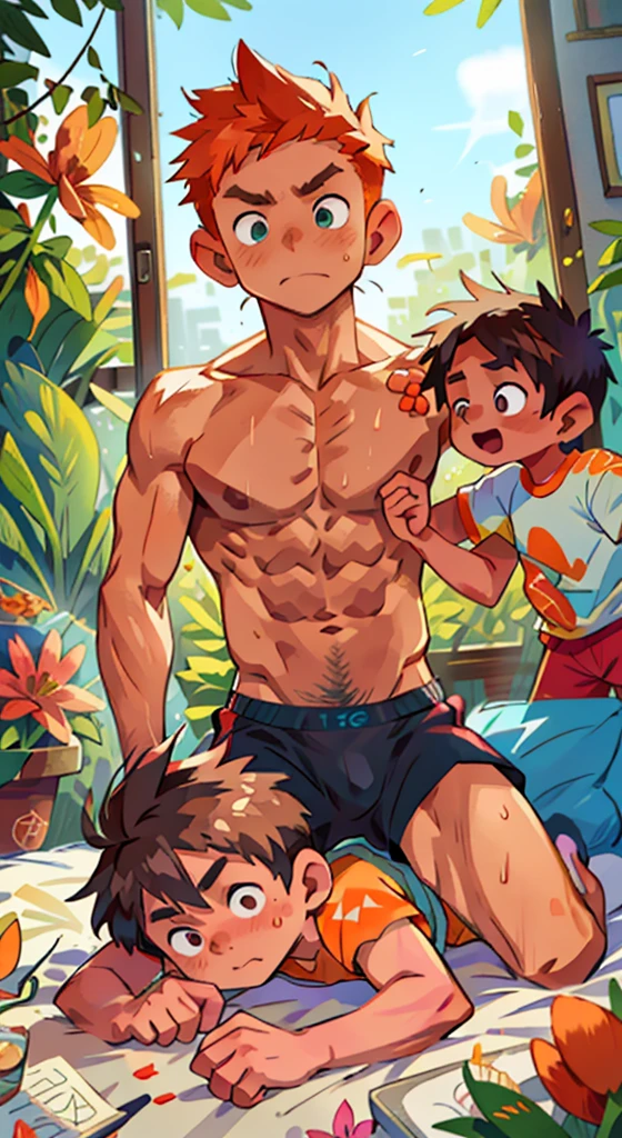 (masterpiece, best quality), 1boy,Lewdness,younge boy,Kid's face,Juvenile faces,sideface,Lying naked in bed,Covered in sweat,adolable,infancy,Young age,Short round face,Flat chin,Fine face in detail,Colored briefs,musculous, Short bright orange hair, Sky blue eyes,opens his eyes wide, 复杂, full bodyesbian,nakeness,Lewdness,Teal briefs,Pectoralis abdominal muscles,vivd colour,(depth of fields:1.2),(abs),looking at viewert,Lie down in bed,spread their legs,Arms open,Large pink flowers,Flowers