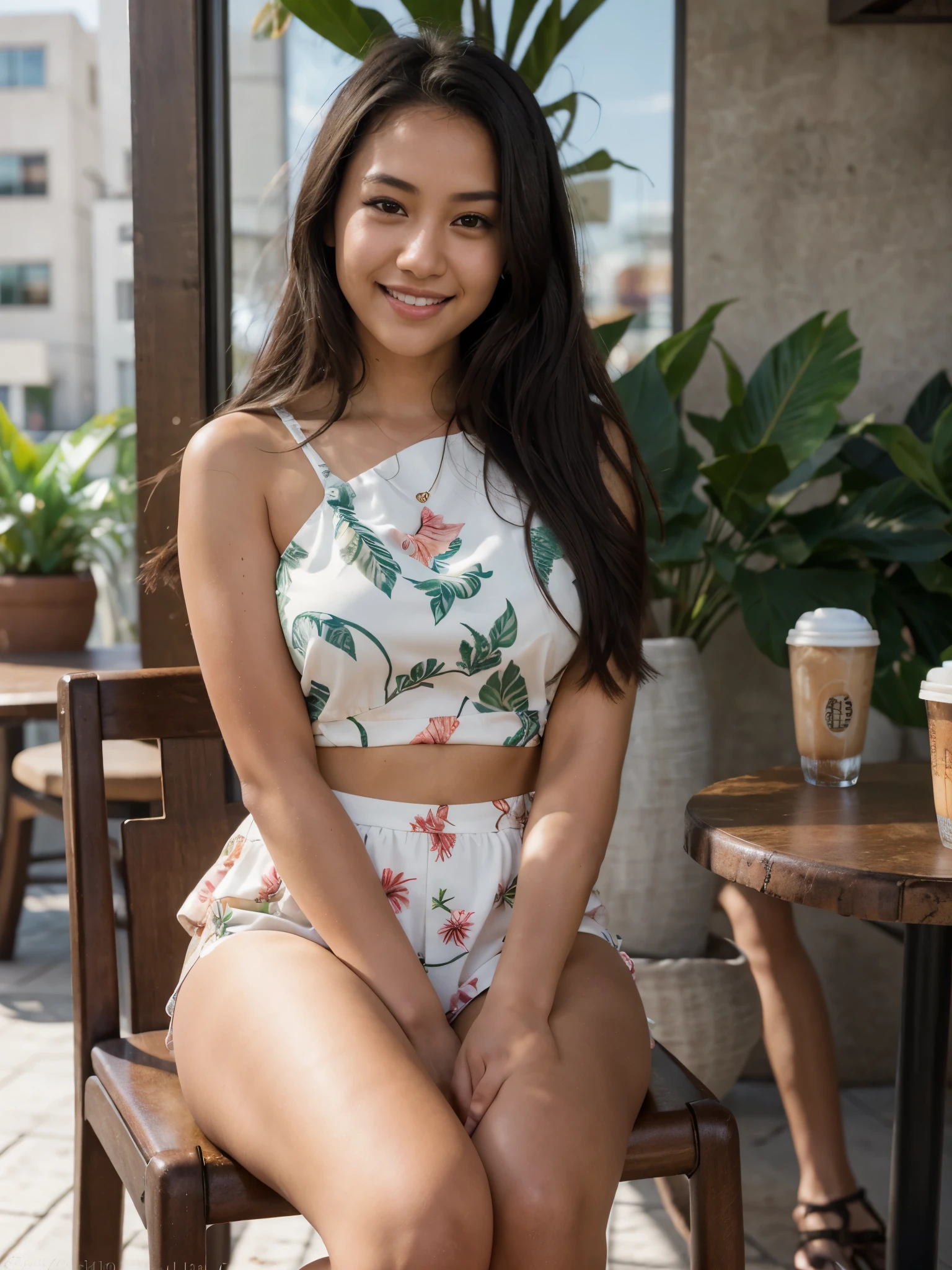 photorealistic, best quality, hyper detailed, cute Hawaiian girl, very short, skinny, long dark hair, curvy, lips open with a smile, detailed face, detailed lips, best shadow, RAW, instagram LUT, sitting at a coffee shop with a friend