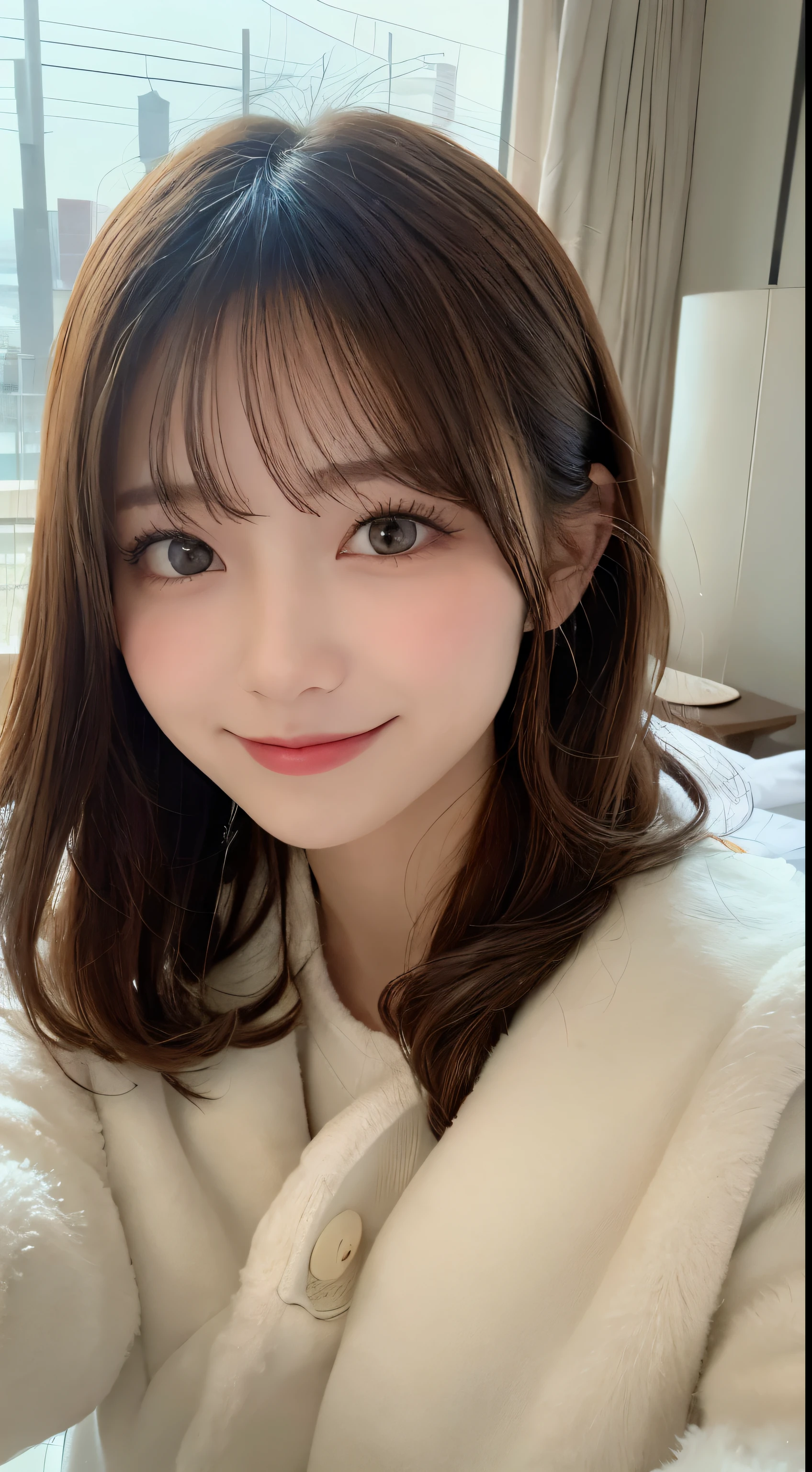 masutepiece, Best Quality, Illustration, Ultra-detailed, finely detail, hight resolution, 8K Wallpaper, Perfect dynamic composition, Beautiful detailed eyes, Fluffy winter clothes,small tits,Natural Color Lip,Smile,luxury home bedroom、20 years girl、Cute、is looking at the camera,Background blur