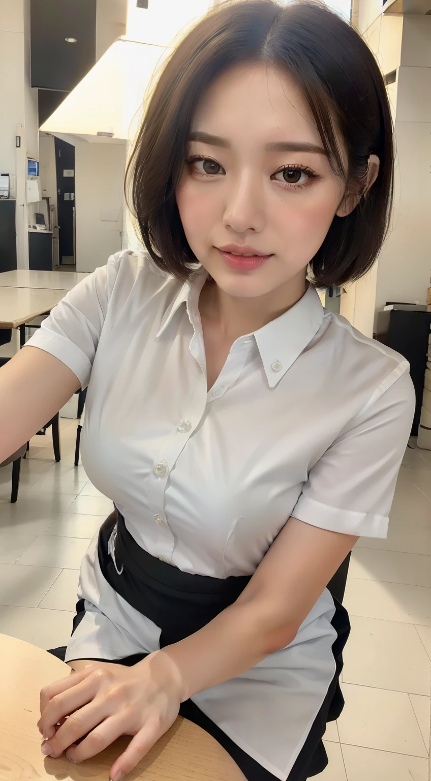 ((Natural light, of the highest quality, 8K, masutepiece: 1.3)), Crisp focus, 1 girl, Slim Beauty: 1.2, Brown hair, With bangs, ((Short to medium hair: 1.5), Detailed eyes, Beautiful long cut eyes, Double eyelids, (Cat face), (Cute face), Cute smile, (Closed mouth), (Cute), Soft skin, Reflecting the whole body, Ultra-realistic, super detailed, High quality, (( Beautiful waitress with short hair comes to the table to take orders)), ((Detailed very Cute waitress uniform)), ((Large size that can be seen even from above the uniform))))
