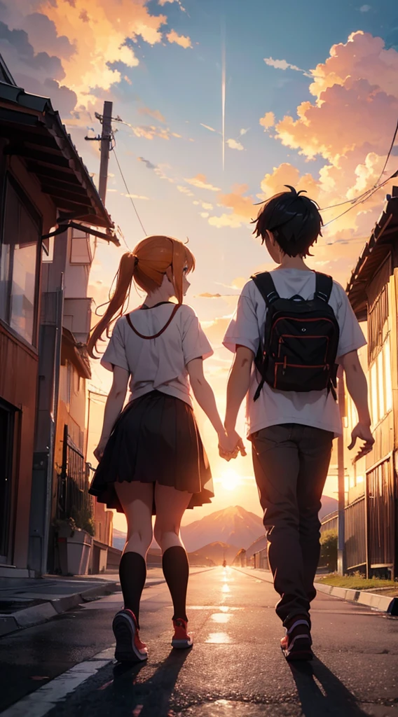 4k image of anime girl and boy holding hands and walking into the distance. Background orange Skies, beautiful mountain, clouds