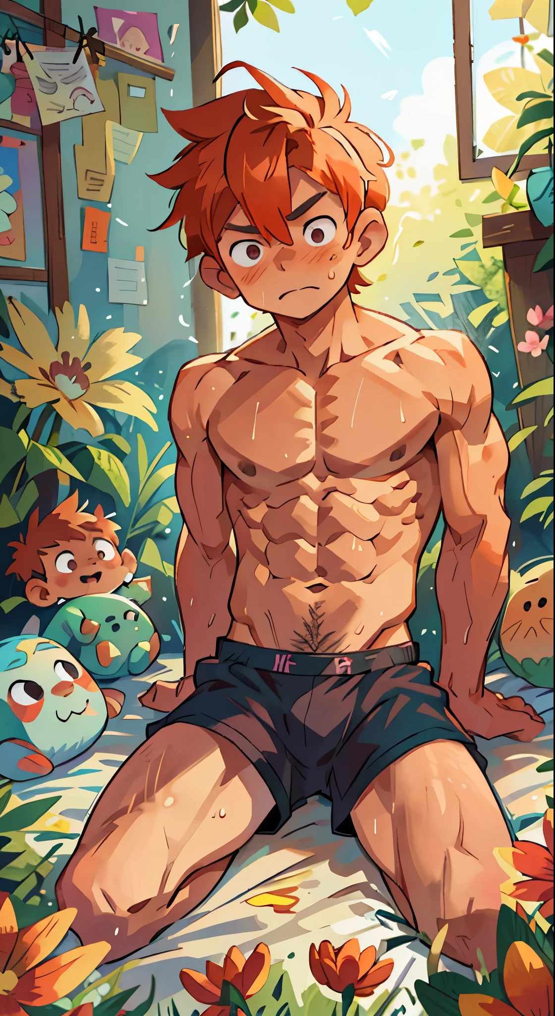(masterpiece, best quality), 1boy,Lewdness,younge boy,Kid's face,Juvenile faces,sideface,Lying naked in bed,Covered in sweat,adolable,infancy,Young age,Short round face,Flat chin,Fine face in detail,Colored briefs,musculous, Short bright orange hair, Sky blue eyes,opens his eyes wide, 复杂, full bodyesbian,nakeness,Lewdness,Teal briefs,Pectoralis abdominal muscles,vivd colour,(depth of fields:1.2),(abs),looking at viewert,Lie down in bed,spread their legs,Arms open,Large pink flowers,Flowers