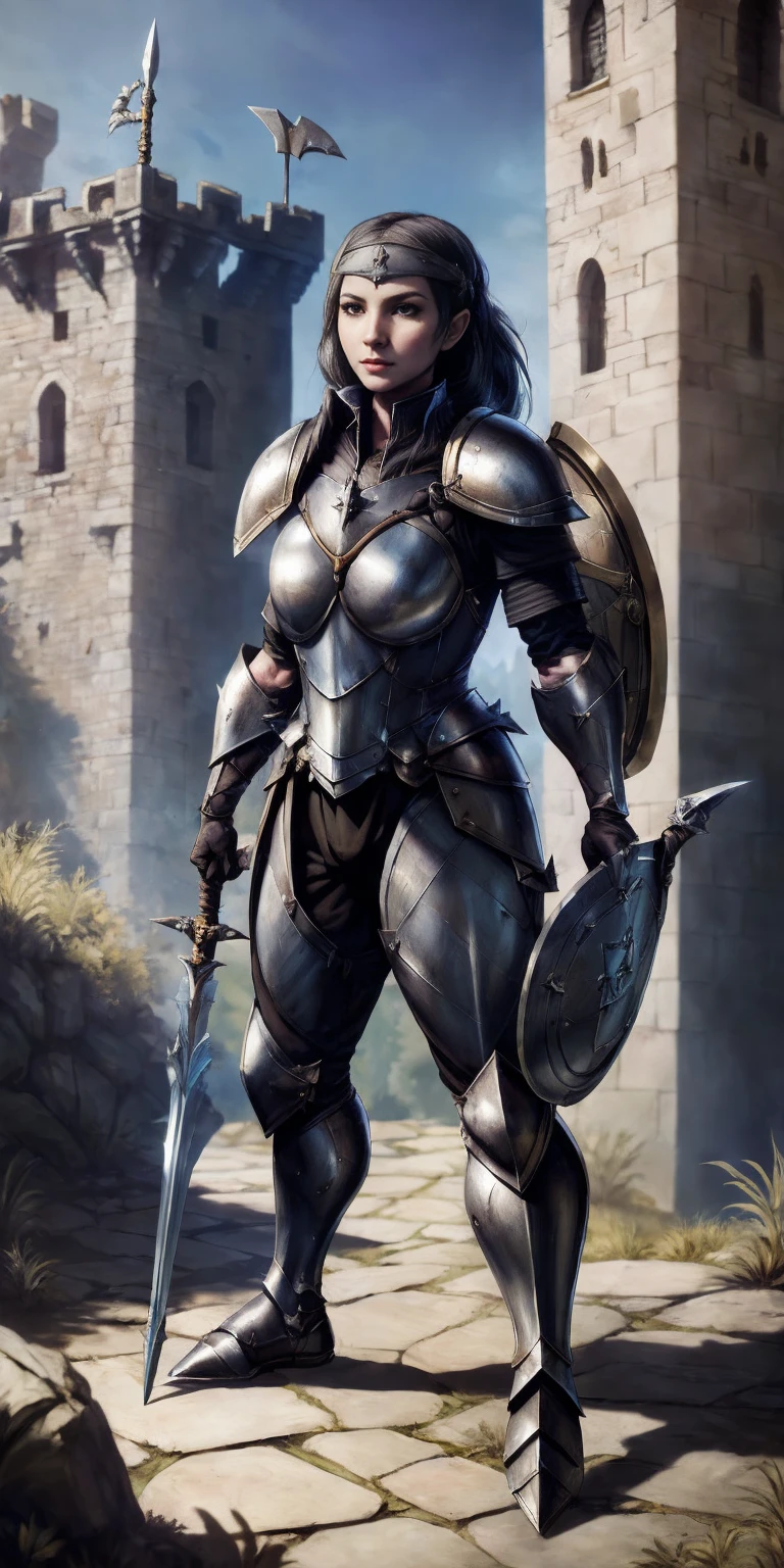 (fighting stance, holding,weapon,spear, shield:1.2),gwendolyn,headband, armor, breastplate, pants,, gloves, pauldrons, gauntlets, looking at viewer, shoulder armor,outdoors,castle,(masterpiece, best quality, ultra-detailed, best shadow)