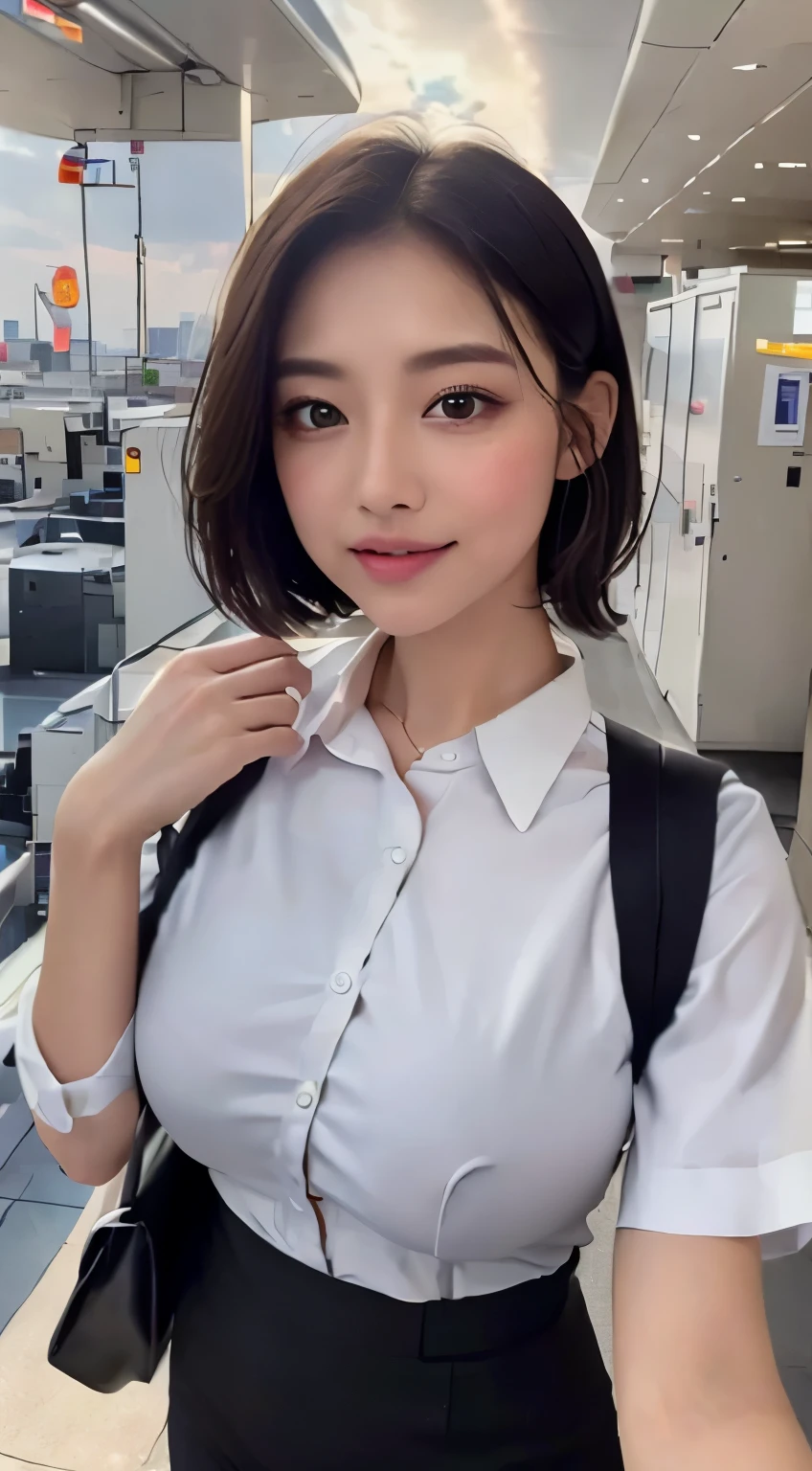 1womanl,hyperdetailed face、Detailed lips、A detailed eye、二重まぶた、(Smiling while walking gracefully down the aisle)、(Stewardess uniform:1.2)、(Glamorous body)、(Colossal tits)、thighs thighs thighs thighs, Perfect fit, Perfect image realism, Background with: (Business Class aisle on airplanes:1.2), Cowboy Shot, 詳細なBackground with, detailed costume, Perfect litthing、Hyper-Realism、(Photorealsitic:1.4)、8K maximum resolution, (​masterpiece), ighly detailed, Professional、(top-quality, 8K, 超​masterpiece:1.3)), sharp:1.2, Perfect Body Beauty:1.4, Slim abs:1.2, ((Short to medium hair, huge tit:1.2)), ighly detailedな顔と肌の質感