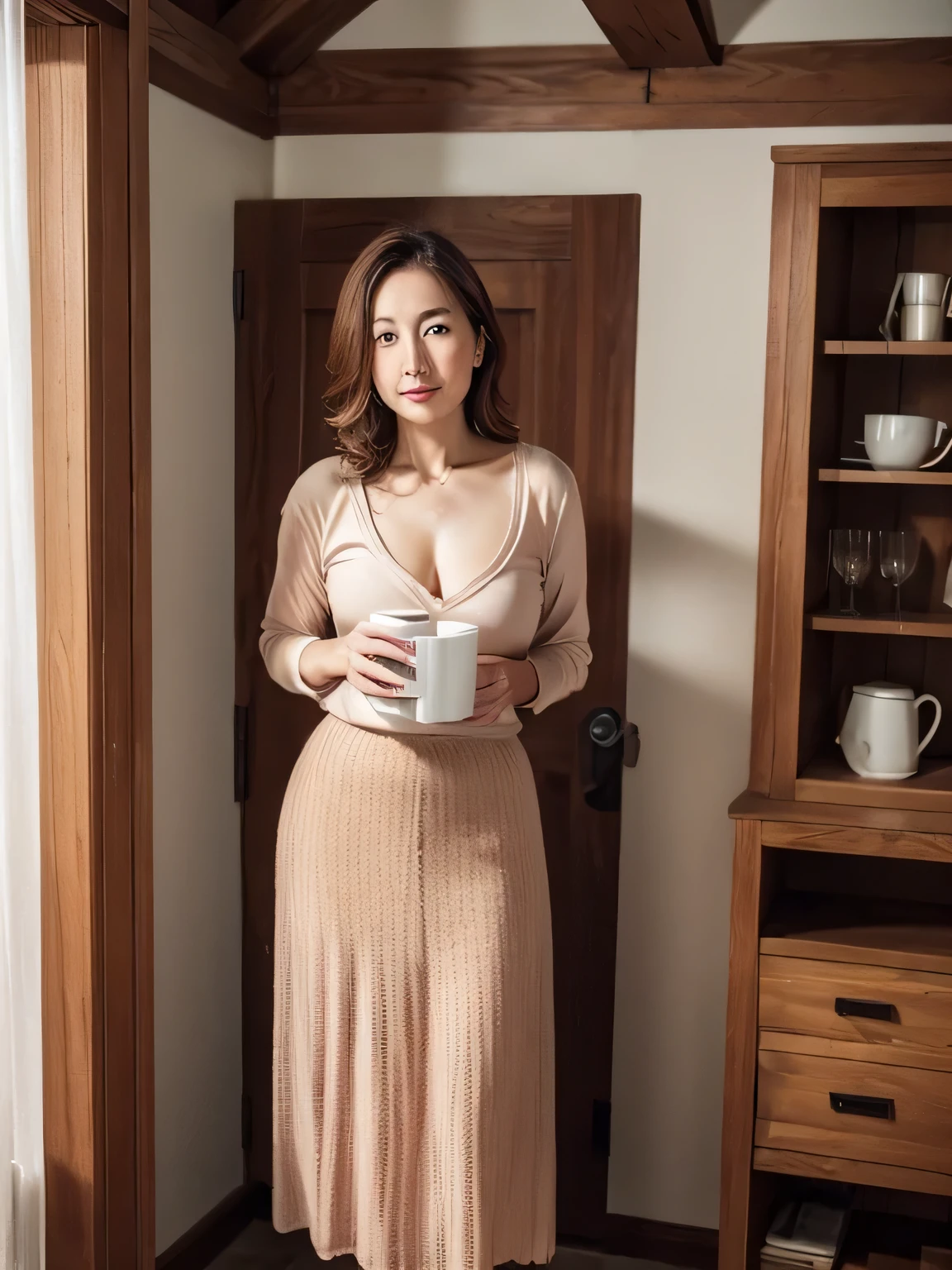 in 8K、Raw photography、Highest Quality、realisitic、Photorealsitic、Professional Lighting、masterpiece、Very delicate and beautiful woman).A slender woman standing with a mug. she is wearing a knit, Skirt . Stand at the entrance to the room, 45 years old. A woman similar to Hitomi Kuroki, Has big breasts of J cup. .Bewitching look,Looking at the camera