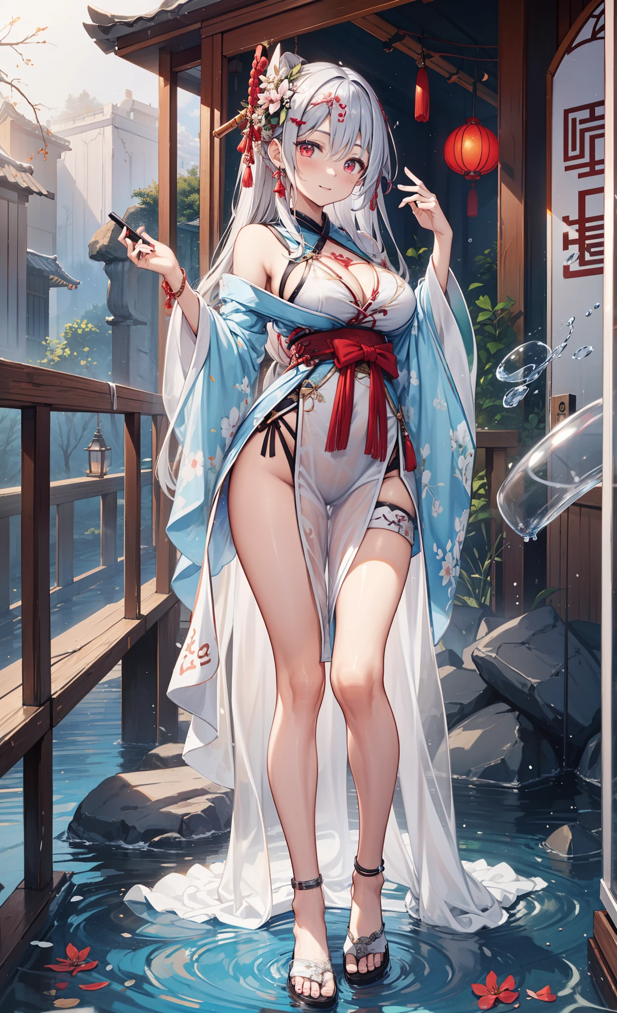 A variety of transparent Hanfu combinations,long skirt,longer sleeves,Pretty big breasts,ultra - detailed, She has long pink curly hair,Obsessed,Mature at the age of 30,,The beautiful,sexual teasing, Faraway view,Raised sexy,arch downward,((sheer transparent clothes)),((water fog,Next to ancient hot springs in China)),电影灯光,Obsessed的姿势,Light red eyes