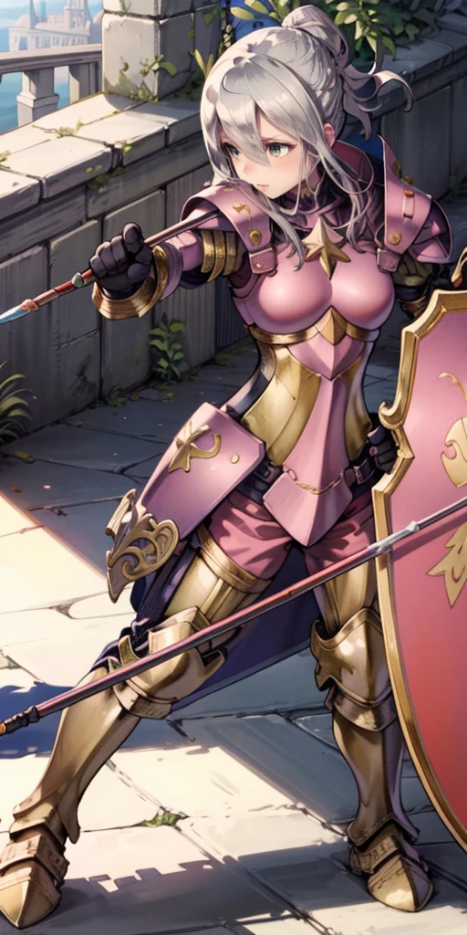 (fighting stance, holding,weapon,spear, shield:1.2),gwendolyn,headband, armor, breastplate, pants,, gloves, pauldrons, gauntlets, looking at viewer, shoulder armor,outdoors,castle,(masterpiece, best quality, ultra-detailed, best shadow)