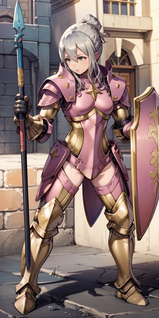 (fighting stance, holding,weapon,spear, shield:1.2),gwendolyn,headband, armor, breastplate, pants,, gloves, pauldrons, gauntlets, looking at viewer, shoulder armor,outdoors,castle,(masterpiece, best quality, ultra-detailed, best shadow)