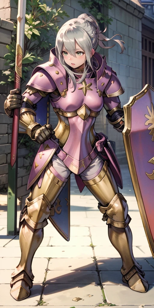 (fighting stance, holding,weapon,spear, shield:1.2),gwendolyn,headband, armor, breastplate, pants,, gloves, pauldrons, gauntlets, looking at viewer, shoulder armor,outdoors,castle,(masterpiece, best quality, ultra-detailed, best shadow)