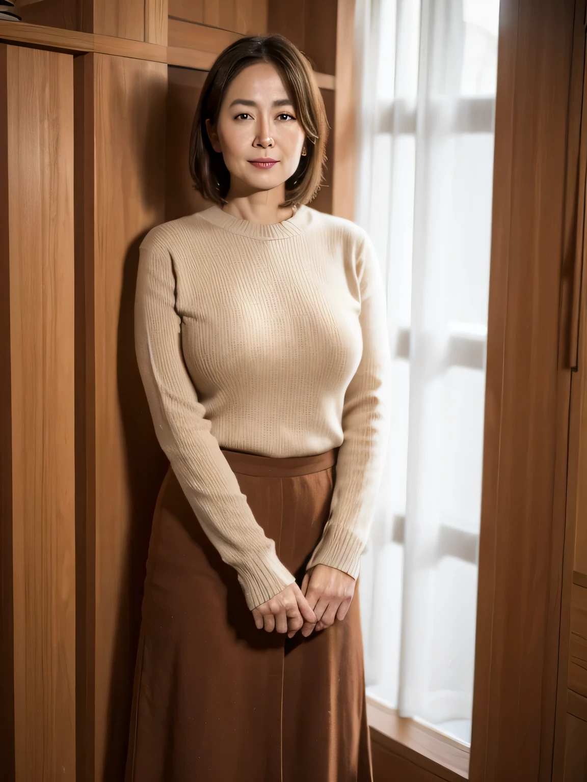 in 8K、Raw photography、Highest Quality、realisitic、Photorealsitic、Professional Lighting、​masterpiece、Very delicate and beautiful woman).A slender woman standing with a mug. she is wearing a knit, Skirt . Stand at the entrance to the room, 45 years old. A woman similar to Hitomi Kuroki, Has big breasts of J cup. .Bewitching look,Looking at the camera
