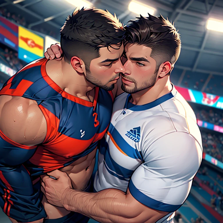 2 hombres, cuerpo completo, vello facial rapado, 1 capitan de futbol americano sin camisa, kissed on the mouth and masturbated by a male cheerleader shorter and thinner than him, en un estadio, bulto grande, enorme_, mostrando pectorales y abdominales completos,wet dreams, Great erection, bulto grande, besos, gay pornographic