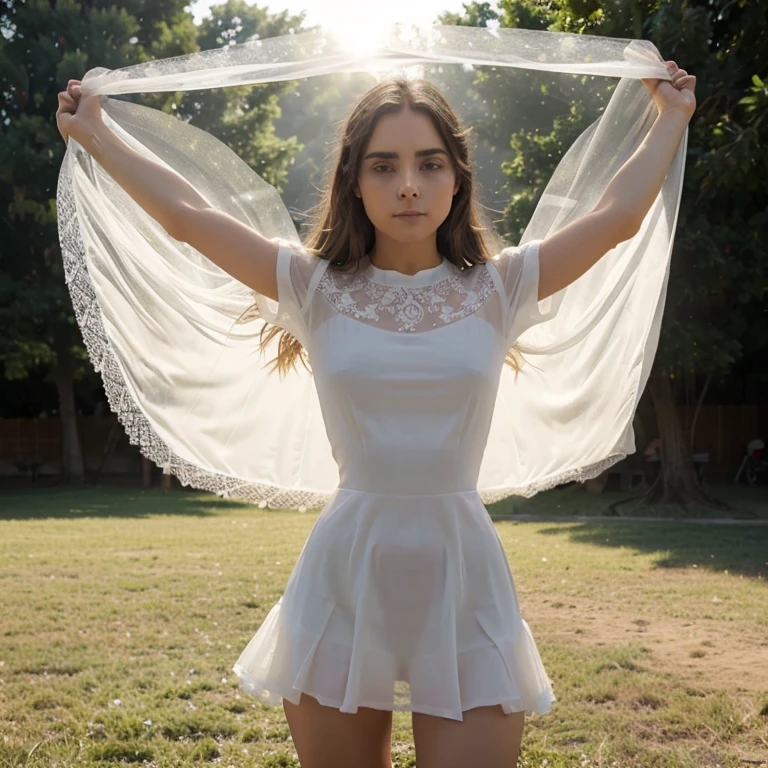 ((Obra maestra)),((Cara perfecta)),(Ultra detallado) El vestido es transparente a la luz de fondo., cuerpo completo, en medio de un fuerte viento