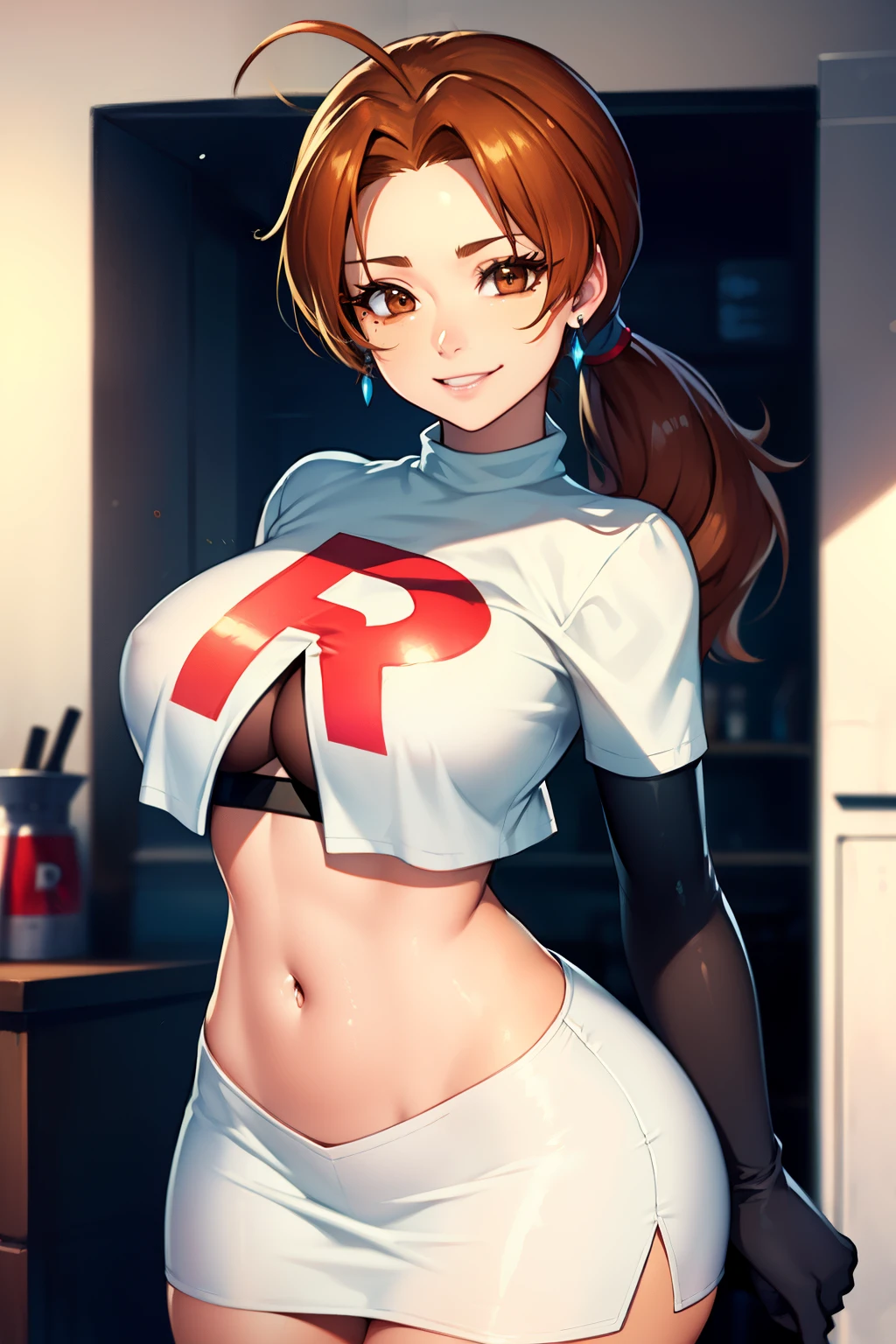 deliaketchum, brown hair, (brown eyes:1.7), parted bangs, (ahoge:1.5), ponytail, low ponytail,glossy lips, light makeup, eye shadow, earrings ,team rocket,team rocket uniform, red letter R, white skirt,white crop top,black thigh-high boots, black elbow gloves, evil smile, sexy poses