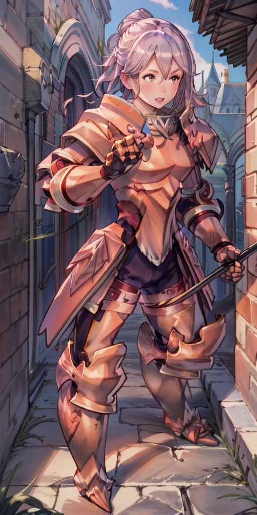 (fighting stance, holding,weapon,spear, shield:1.2),gwendolyn,headband, armor, breastplate, pants,, gloves, pauldrons, gauntlets, looking at viewer, shoulder armor,outdoors,castle,(masterpiece, best quality, ultra-detailed, best shadow)