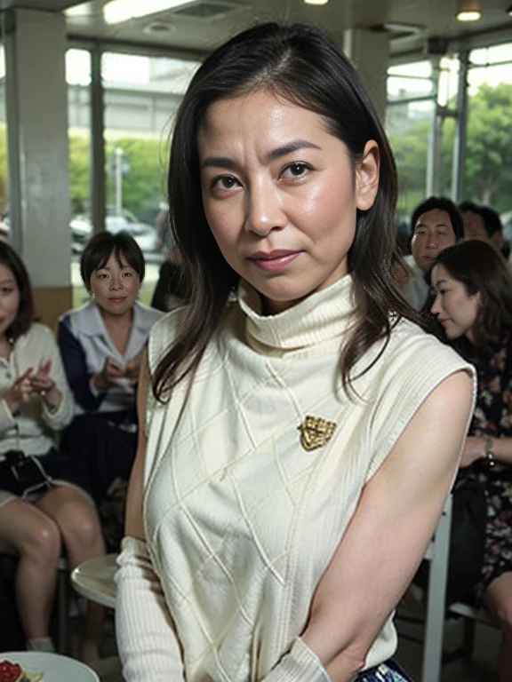 Best Quality, hight resolution, Hires, Skin definition, Detailed skin, Detailed eyes, Detailed face, 4K, 日本人A MILF, ((独奏)), (((50 years old))), (Wrinkles at the corners of the eyes:1.6), (nasolabial folds:1.3), A MILF, glamor, A sexy, Chromo-white skin, ((Wavy Longhair)), Looking at Viewer,(((my skin is old))), ((muscles are old)), (((A slender))), ((Saggy udder)), (Saggy buttocks), ((Japanese Models)), 4K, (photoRealistic:1.5), Realistic, nffsw, Beautiful, Bimbo, Perfect makeup, small diamond necklace, piercings, ((Brown coat, White turtleneck sweater, sleeveless, Argyle pattern pleated skirt, Black long boots )), ssmile, Public places,Full body photo,
