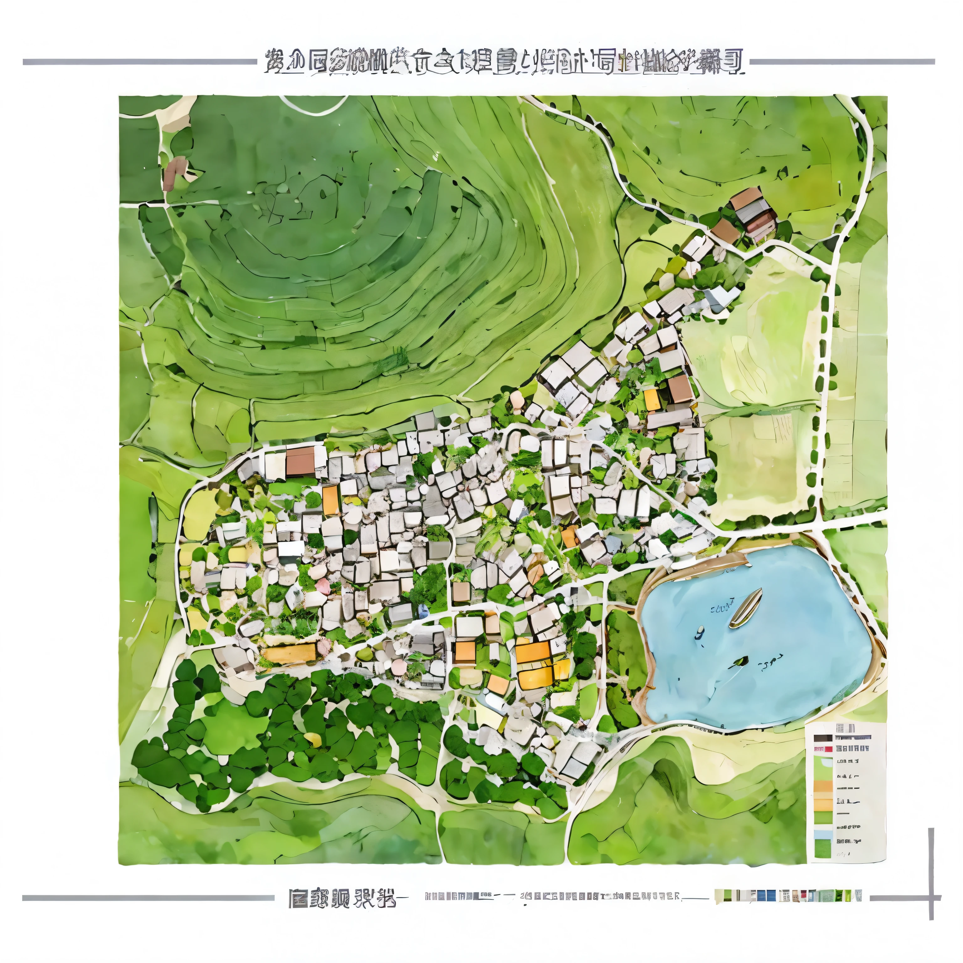 Park map with many trees and buildings, residential neighborhoods, Aerial imagery, based on geographical map, bird's eyes view, bird's eyes view, China Village, a small village with a lake, bird's eyes view, ultra - detailed, isometric drawing, around town, ultra - detailed, ultra - detailed