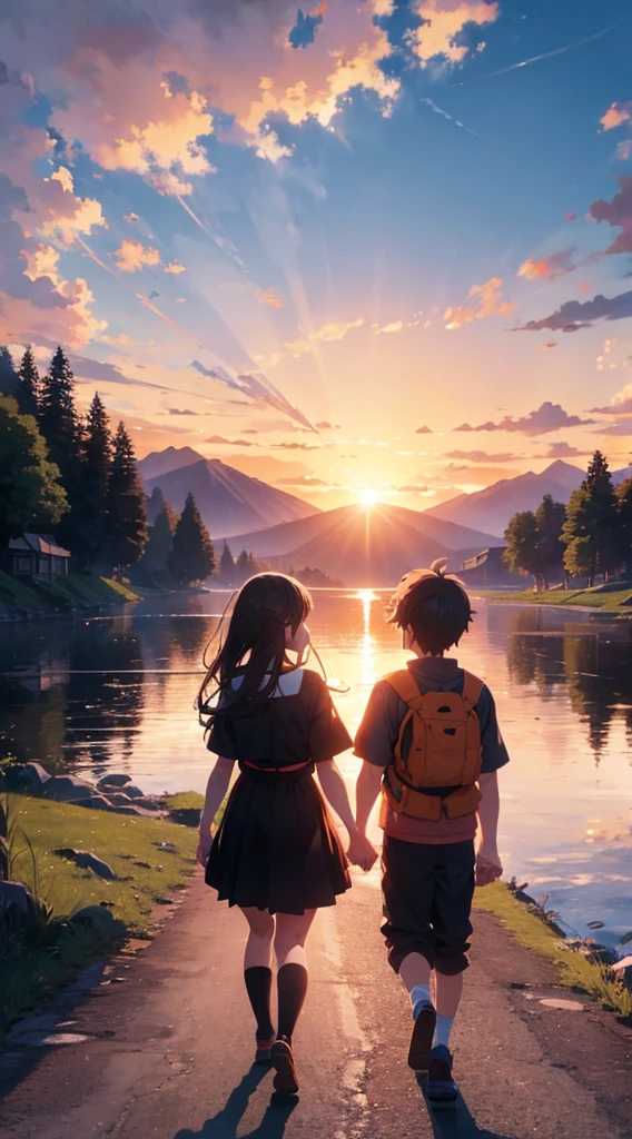 4k quality image of anime girl and boy holding hands and walking into the distance. Background - orange Skies, beautiful mountain, clouds