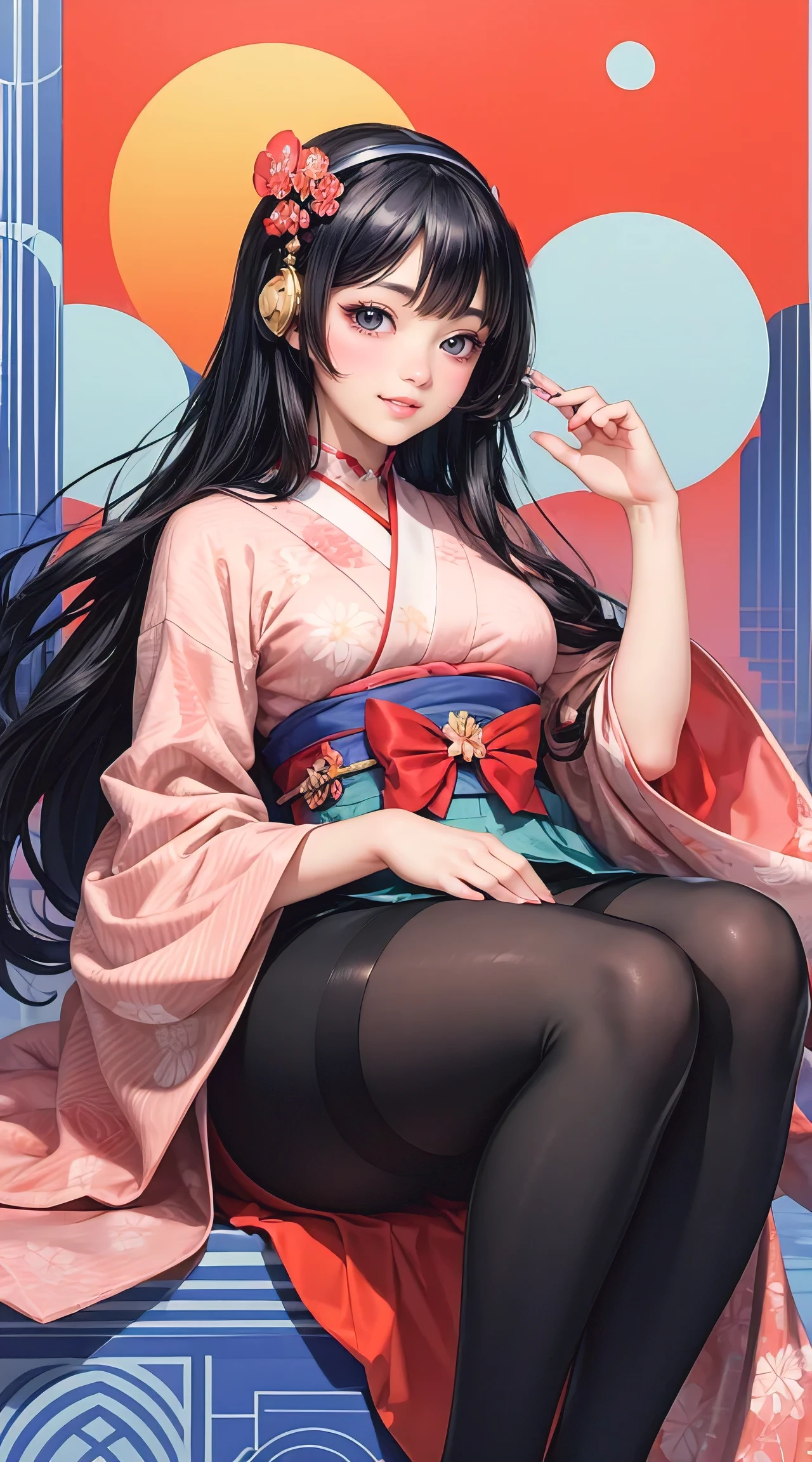 (masterpiece, best quality), perfect slim fit body, thick thighs, geisha, anime image, long hair, black hair, straight eyes, hair covering ears, happy, polished and powerful look, exotic, tall, freckles, smiling, chic geisha clothing