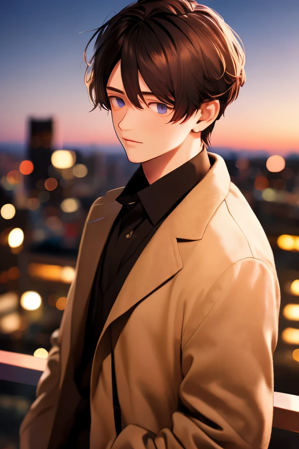 ((best quality, more details, masterpiece)), 1guy, solo, Lonely eyes staring into the distance, city at dusk in the background, blurred background, blurred background, luxurious, 8k, ray tracing, depth of field, cinematic lighting
