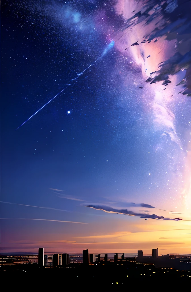 octanerender, sky sky, As estrelas(sky sky), scenecy, starrysky, natta, nigh sky, 独奏, exteriors, built, clouds, milky ways, , that tree, 城市, contours, view over city,Realistic,meteors、that tree、grassy