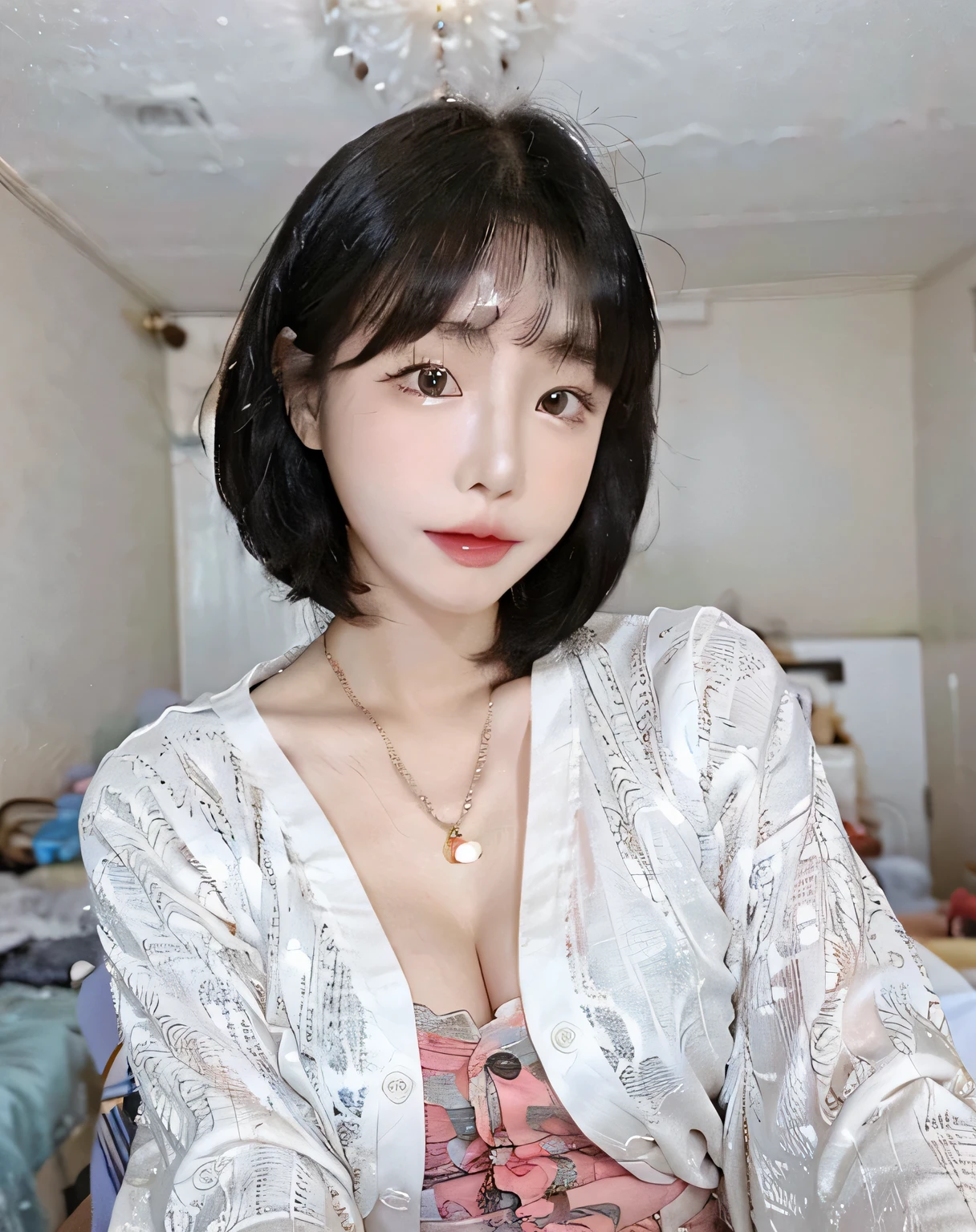 There is a woman in the room posing for a photo, Short hair details, Korean girls, beautiful south korean woman, gorgeous young korean woman, Urzans, beautiful young korean woman, Bagel hair style, Young and cute Korean face, korean woman, young and cute girl, Popular Korean makeup, Popular Korean makeup, Young and cute asian face