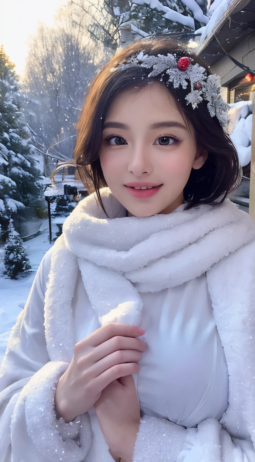 ((top-quality, 8K, Super masterpiece:1.3)), sharp:1.2, Perfect Body Beauty:1.4, Slim abs:1.2, ((Short to medium hair, huge tit:1.2)),Highly detailed facial and skin texture,Detailed eyes,二重まぶた,Eyes looking into the camera,7 doppelgangers,Two breasts are squeezed together,Exquisiteface,Peripheral women,Christmas,Beautiful detailed eyes,Beautiful detailed lips,extremely detailed eye and face,long eyelashes,colorful decorations,Magical atmosphere,Winter wonderland,Snowy landscape,Gingerbread House,celebration costume,Brilliant lights,Sparkling ornaments,A bundle of sparkling light,Cozy fireplace,Flickering candles,Delicate snowflakes,intricate snow patterns,soft falling snow,Joyful expression,Childlike Wander,magical snow forest,snowy path and trees々,smiling snowman,ride a sleigh under the moonlight,Laughter from the heart,hot chocolate with marshmallows,warm winter coat,magical castle,shimmering tinsel,Christmasツリーの下にプレゼント,Festive mood,Happy memories,create a snow angel,Starry night sky,snow roof,Calm and peaceful atmosphere,Excitement and anticipation,celebrate with loved ones,enchanting winter landscape,quirky ornaments,magic reindeer,Santa's Workshop,holiday cheer,endless joy and happiness,winter magic,Pure white snow