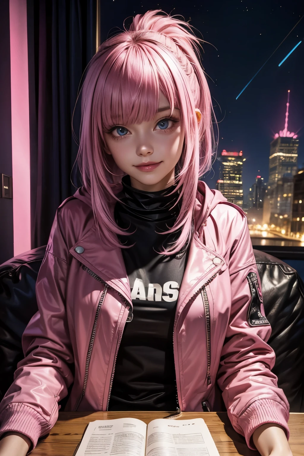(1Girl, Russian, Beautiful, smiling, 18yo, ((Messy bubblegum pink hair with a fringe)), (pink perfects eyes), (wearing a punk jacket)), ((In a room)), ((dark at night))