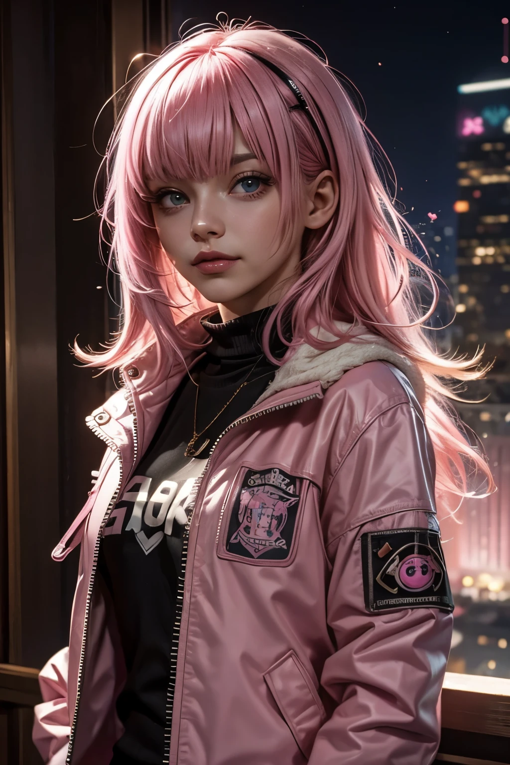 (1Girl, Russian, Beautiful, smiling, 18yo, ((Messy bubblegum pink hair with a fringe)), (pink perfects eyes), (wearing a punk jacket)), ((In a room)), ((dark at night))