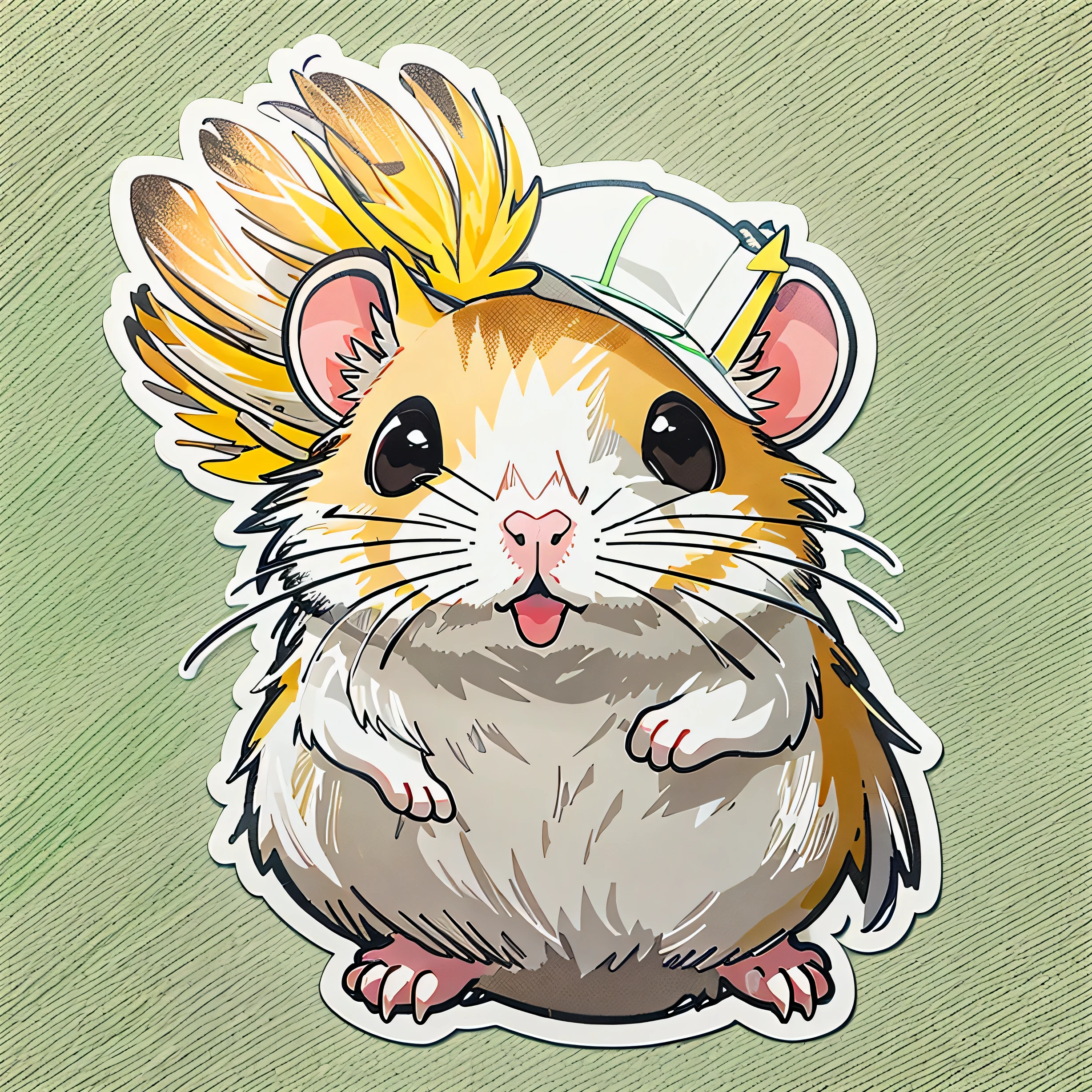 sticker. 2d} cute hamster,My name is Boiled Egg...................,yellow and white feathers, 1 x, 1 position, Maximum resolution HD 16K, White border around the work piece 1:2, black background.