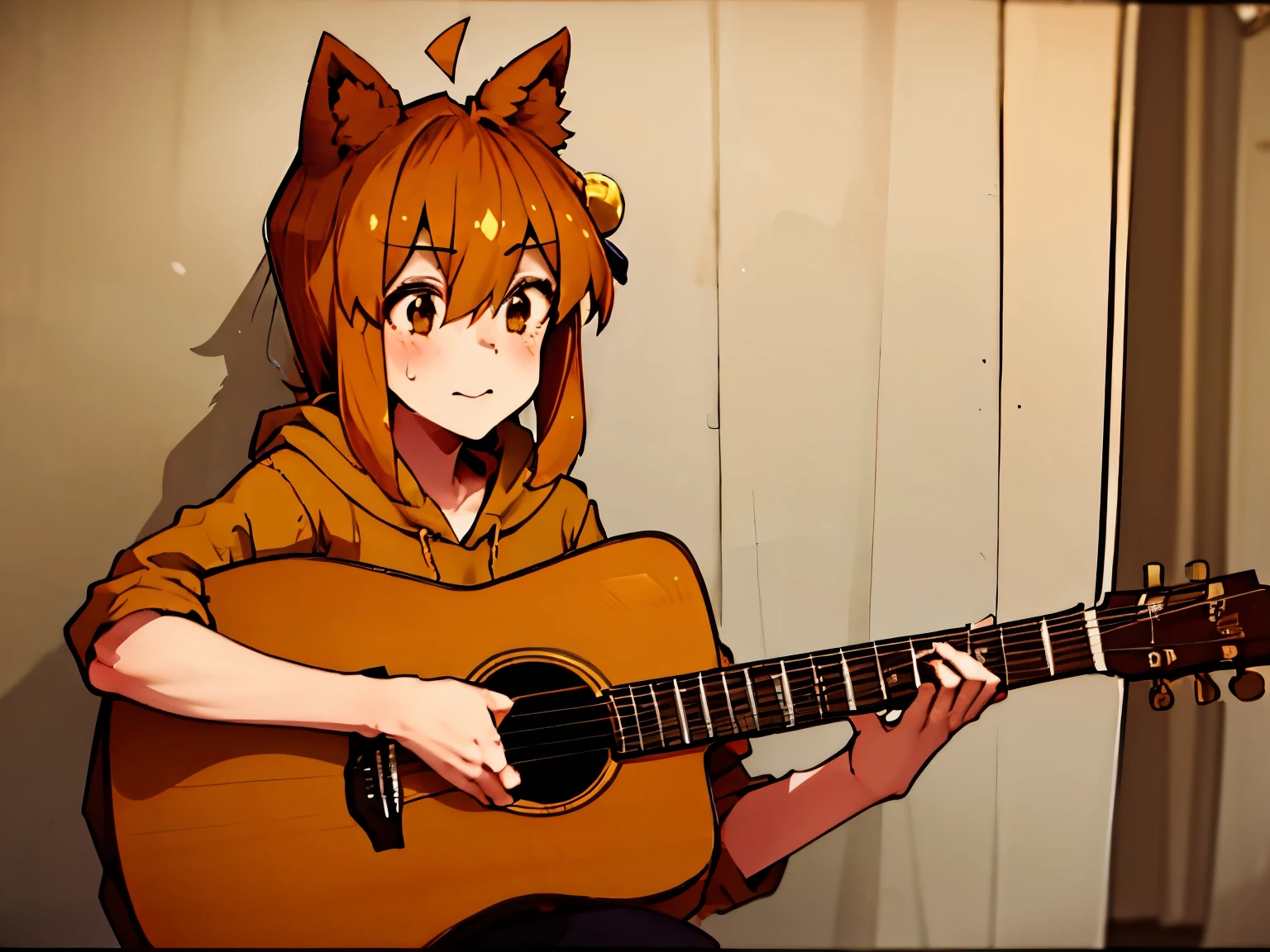 guitar, acoustic guitar, 1girl, solo, fox ears, fox tail, brown eyes, orange hair, yellow hoodie, sweatpants, ball hair ornament, medium hair, ahoge, hair between eyes, Masterpiece, best quality, perfect lighting, 1girl