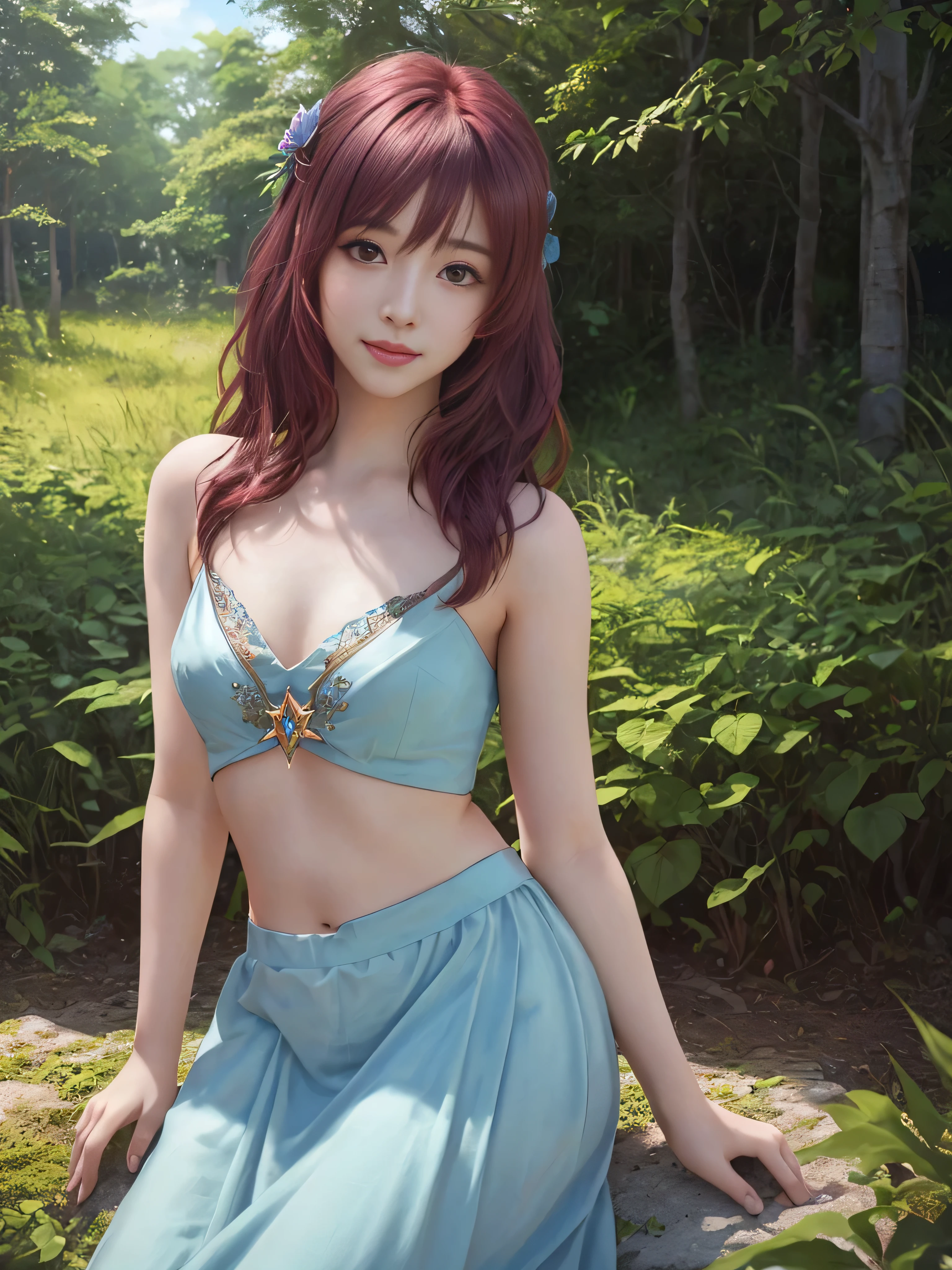 (VI-000020:1.2), (ultra photoRealistic:1.3), (masutepiece:1.4), Best Quality, ((Realistic)), High quality, ultra-detailliert, ((Realistic anime face)), ((Realistic skin)), ((Realistic body)),NSFW,Navel,Naked, ((Sexy Pose)) (Best Quality:1.1), (Illustration:1.05), (1girl in:1.05), (Cute:1.05), ssmile、(Beautiful detailed eyes:1.05), (Cinematic Light:1.1), Light Blue Highlights, full body Esbian,Maroon hair, 1girl in, Cute tyrant portrait, Bright eyes,  temple, Watch Warcraft scenery in the viewer's forest
