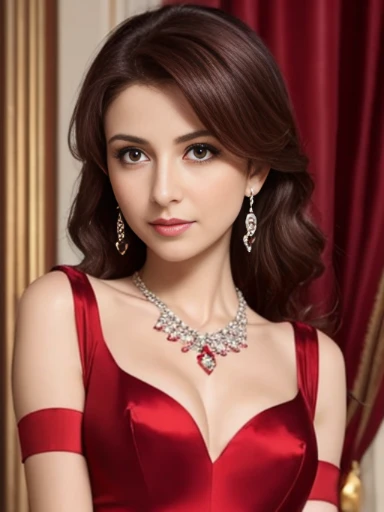 Lebanese lady, diamond dangling earrings, necklace, bracelets, small breasts, red satin dress, sad, hot, blush, side swept hair style, cleavages, radiant skin, 40 years old, innocent face, long gloves, arm satin red gloves
