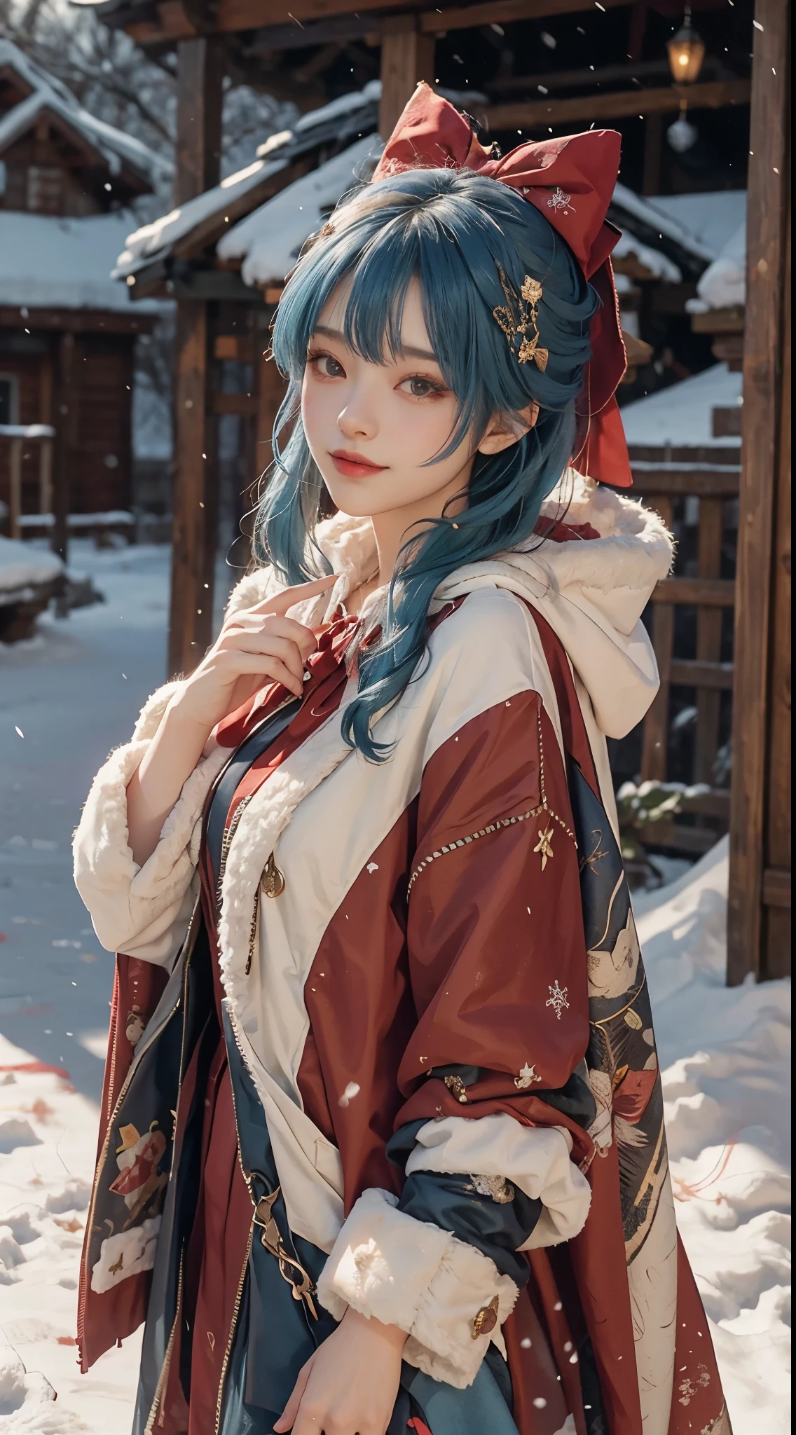 1 girl,hoody,fur cape,Blue hair,ssmile,ta costume,Extra-long hair,Red bow hair ornament,The content is very detailed,center frame,Focus sharp,城市,natta,snow field,Blizzarding,luring,8K,tmasterpiece,winning artwork,