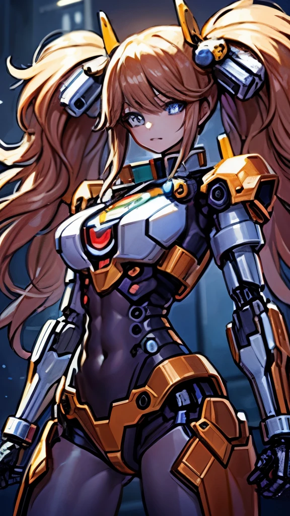 ((Masterpiece, Best Quality)), illustration, ultra-detailed 8K, realistic, clear focus, highly detailed, professional lighting, colorful details, rainbow colors BREAK factory super long shot, (1 large mechanical robot), microchip, computer, luminescence, intricate details, shitu-mecha, 1girl downscale standing in front of the viewer, navel