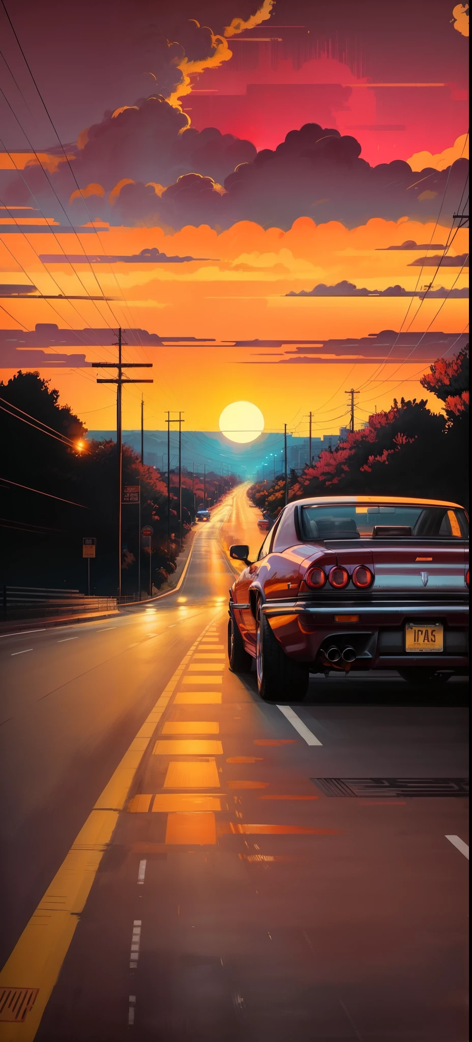 painting of a car driving down a road with a sunset in the background, art deco outrun anime aesthestic, art of alena aenami, by Alena Aenami, gta art, inspired by Alena Aenami, epic retrowave art, style of alena aenami, lofi hip hop, style of gta v artworks, anime vibes