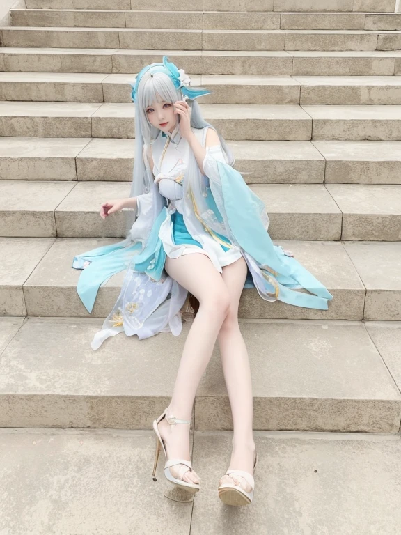 There is a woman in a blue dress sitting on the steps, Japanese cartoon girl , full body xianxia, Japanese cartoon , Japanese cartoon goddess, elegant and charming , 《Genshin Impact》Keqing in, the Japanese cartoon girl is crouching, Big breasts Hatsune Miku , 《Genshin Impact》Zhongli in Zhongli, white cyan, , photore, Inspired by Lanying