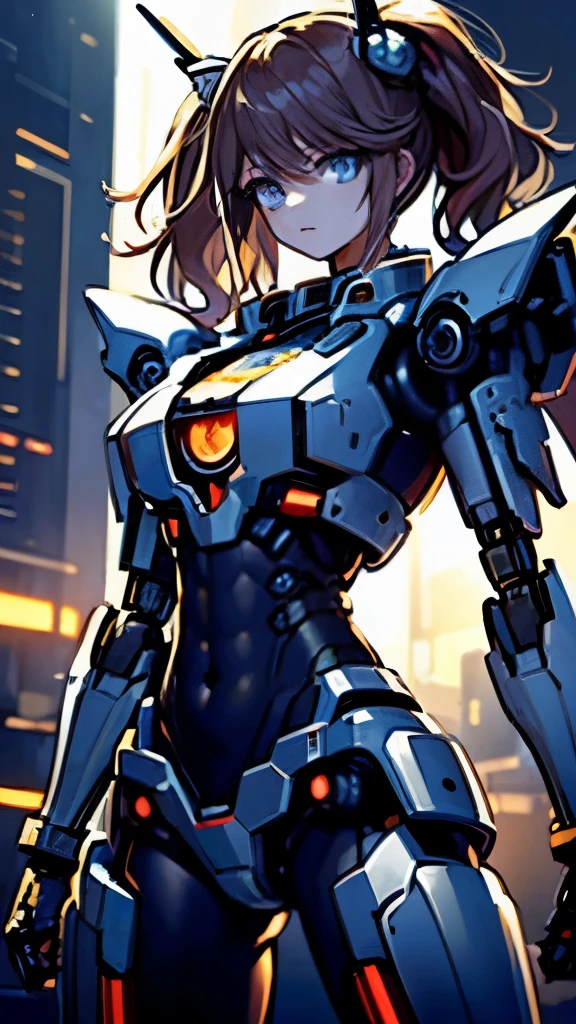 ((Masterpiece, Best Quality)), illustration, ultra-detailed 8K, realistic, clear focus, highly detailed, professional lighting, colorful details, rainbow colors BREAK factory super long shot, (1 large mechanical robot), microchip, computer, luminescence, intricate details, shitu-mecha, 1girl downscale standing in front of the viewer, navel