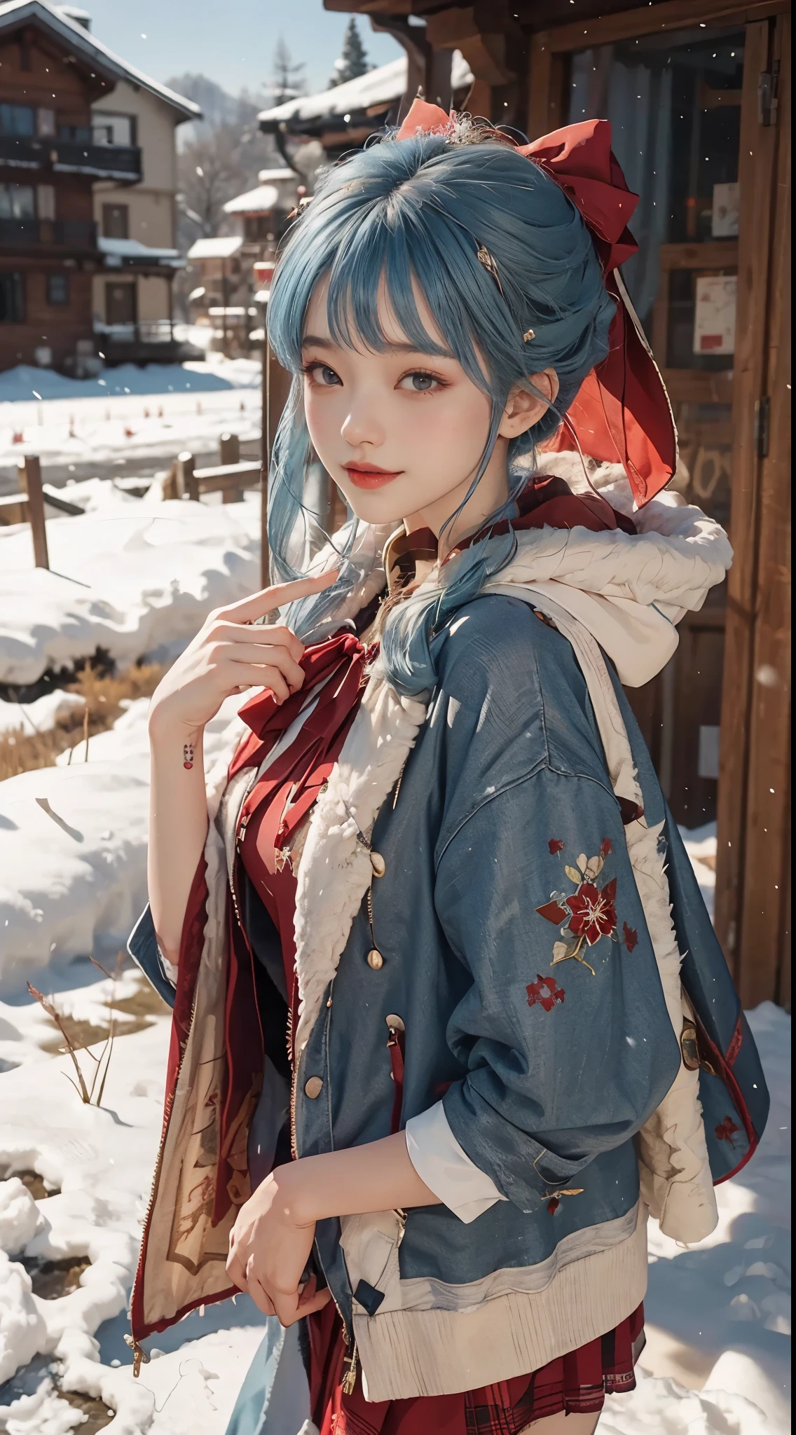 1 girl,hoody,fur cape,Blue hair,ssmile,Lolita costume,Extra-long hair,Red bow hair ornament,The content is very detailed,center frame,Focus sharp,城市,natta,snow field,Blizzarding,luring,8K,tmasterpiece,winning artwork,