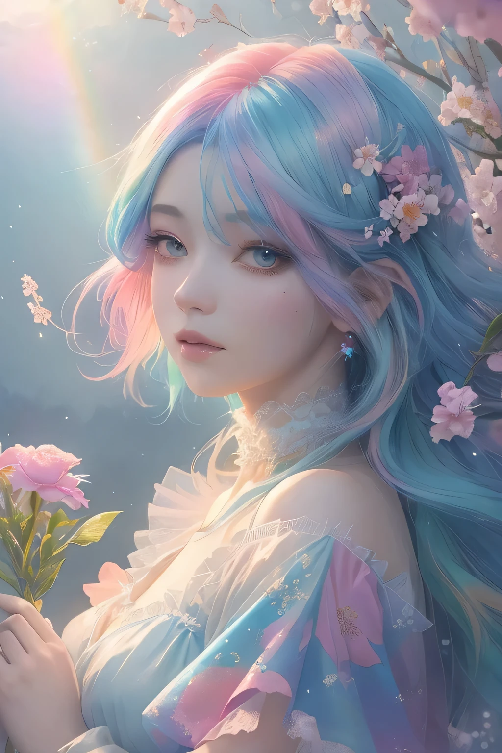 a girl,rainbow colored hair,Romanticized nature,curls,A dreamlike realm,light white and light red,light white and cyan,HD,high detail,high quality,Very good atmosphere,exquisite,CG rendering,Detailed rendering,(exquisite facial portrayal)(Fine hair depiction)(best quality)(Master masterpieces)(High degree of completion)(a sense of atmosphere)(bust)