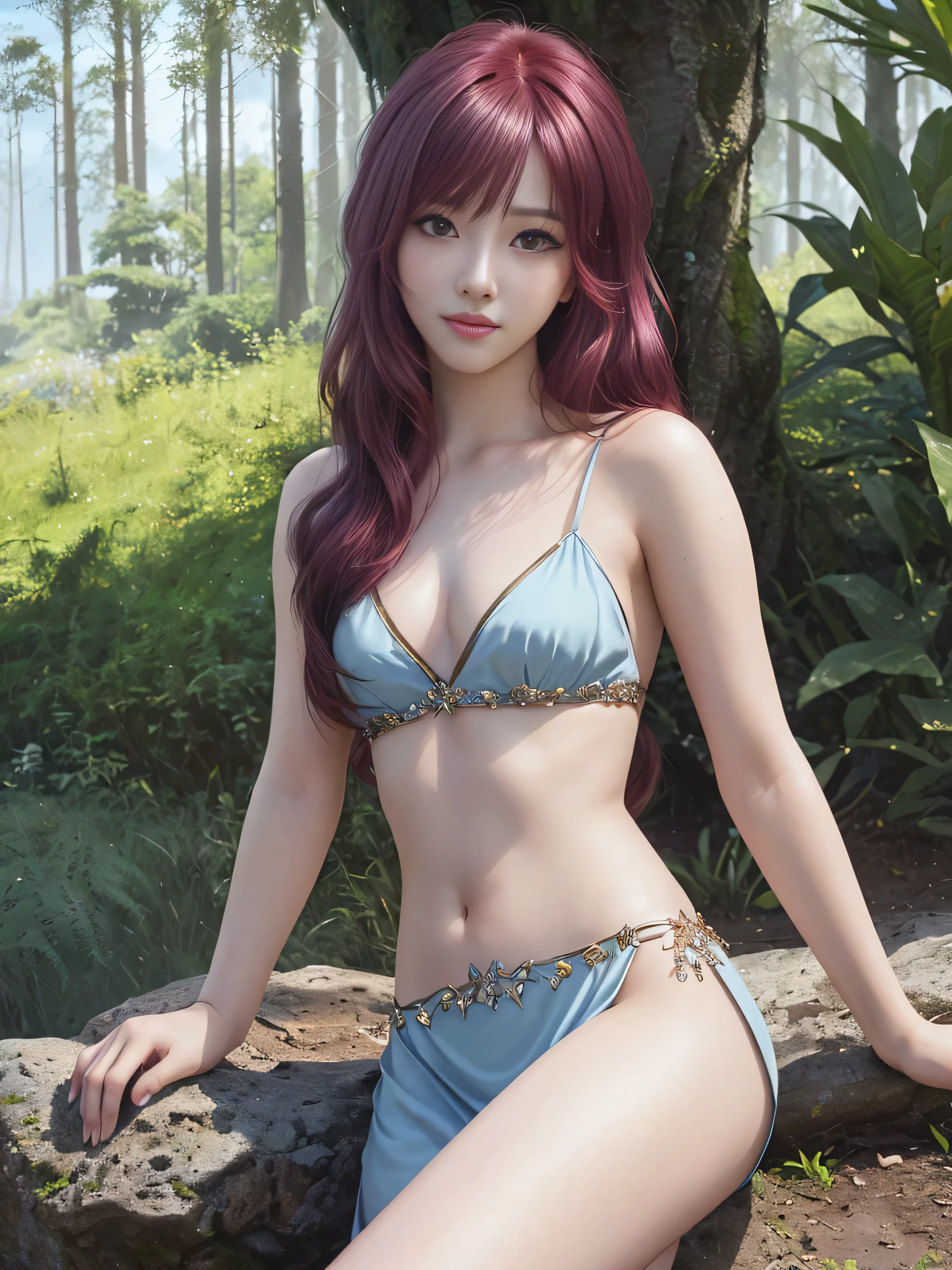 (VI-000020:1.2), (ultra photoRealistic:1.3), (masutepiece:1.4), Best Quality, ((Realistic)), High quality, ultra-detailliert, ((Realistic anime face)), ((Realistic skin)), ((Realistic body)),NSFW,Navel,Naked, ((Sexy Pose)) (Best Quality:1.1), (Illustration:1.05), (1girl in:1.05), (Cute:1.05), ssmile、(Beautiful detailed eyes:1.05), (Cinematic Light:1.1), Light Blue Highlights, full body Esbian,Maroon hair, 1girl in, Cute tyrant portrait, Bright eyes, temple, Watch Warcraft scenery in the viewer's forest
