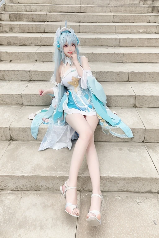 There is a woman in a blue dress sitting on the steps, Japanese cartoon girl , full body xianxia, Japanese cartoon , Japanese cartoon goddess, elegant and charming , 《Genshin Impact》Keqing in, the Japanese cartoon girl is crouching, Big breasts Hatsune Miku , 《Genshin Impact》Zhongli in Zhongli, white cyan, , photore, Inspired by Lanying